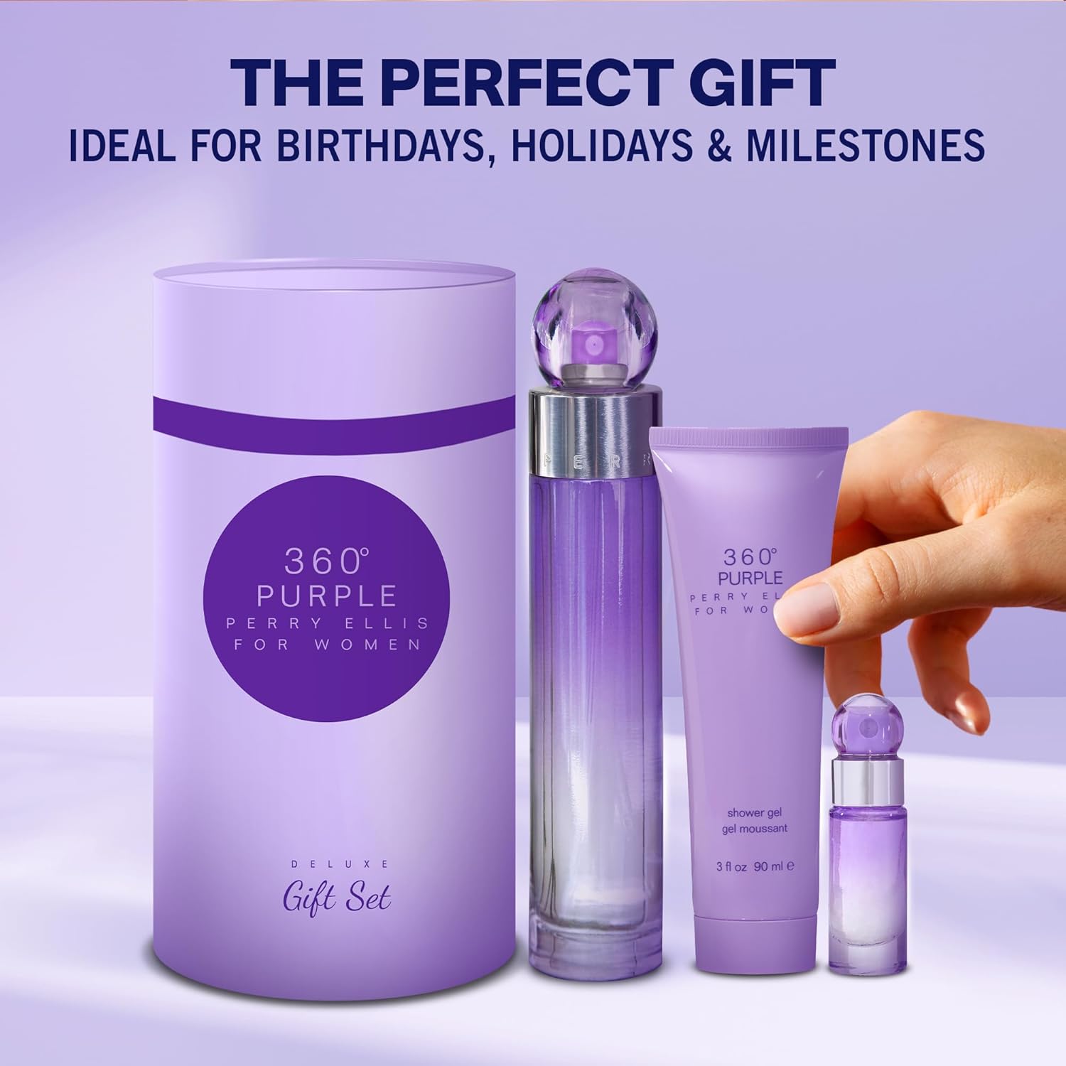 Perry Ellis 360° Purple Gift Set - Perfume Gift Sets for Women, EDT, Luxury Women's Self Care Kit with Mini Fragrance for Travel - 3.4 fl oz Eau De Parfum, 3 oz shower gel, .25 fl oz Travel Spray