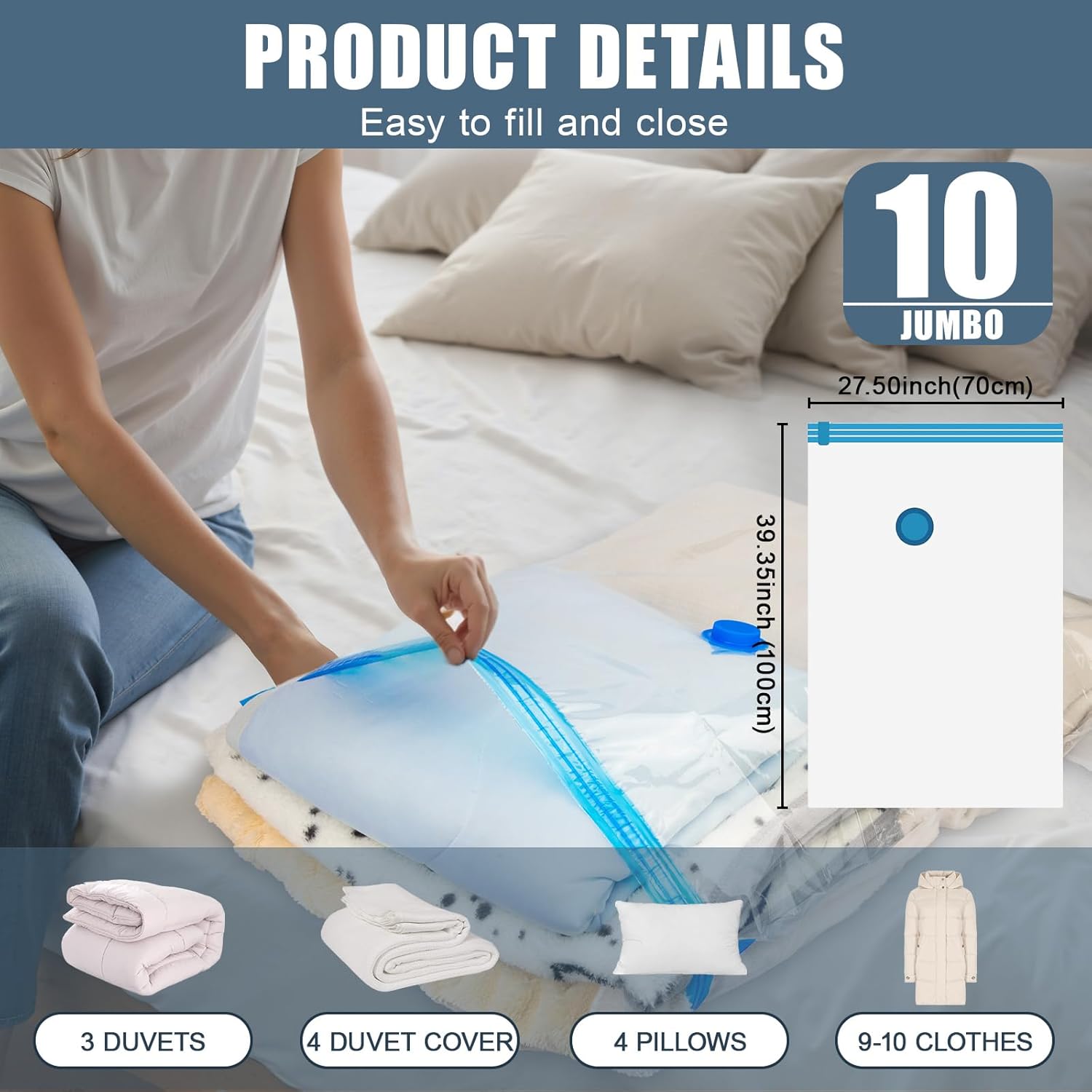 10 Jumbo Vacuum Storage Bags, Vacuum Seal Bags for Clothing Space Saver Compression Storage Bag with Hand Pump Extra Large for Clothing Travel Comforters Blankets Pillow Bedding Duvets Clothes - Image 3