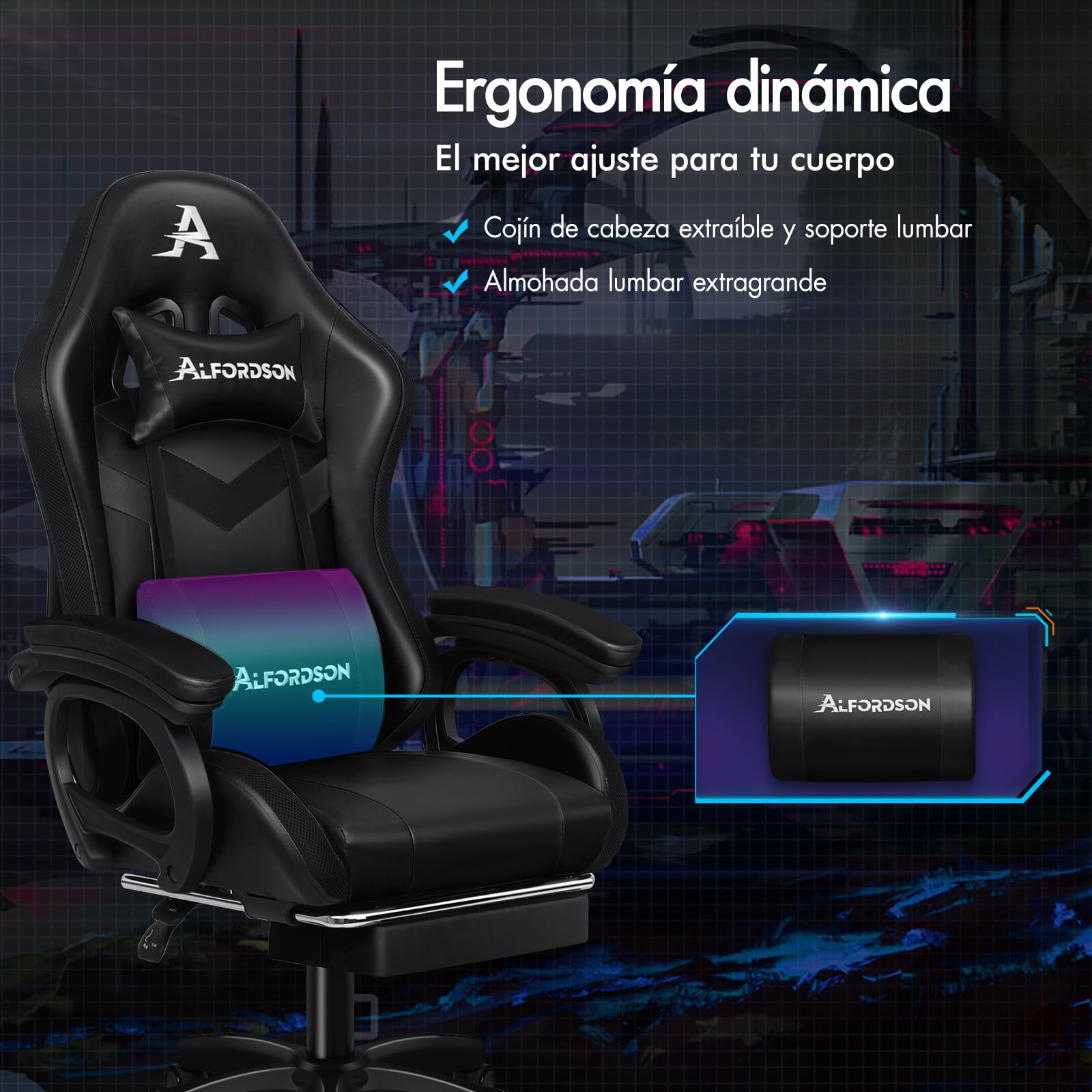 ALFORDSON Silla Gaming con Masaje y LED, Silla Gamer Ergonómica con Cojín Lumbar y Cervical, Reposapiés Telescópico, Iluminación para Ordenador, Videojuego, Juegos, Oficina, Cuero PU(Negra)