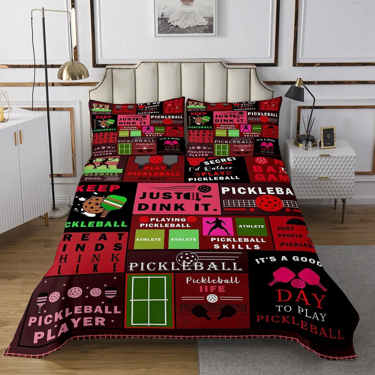 Erosebridal Red Pickleball Bedspread Sets Queen Size,Rustic Patchwork Coverlet Set for Kids Teens Adults,Extreme Sports Ball Game Decor for Boys Girls,Pickleball Life Bed Set