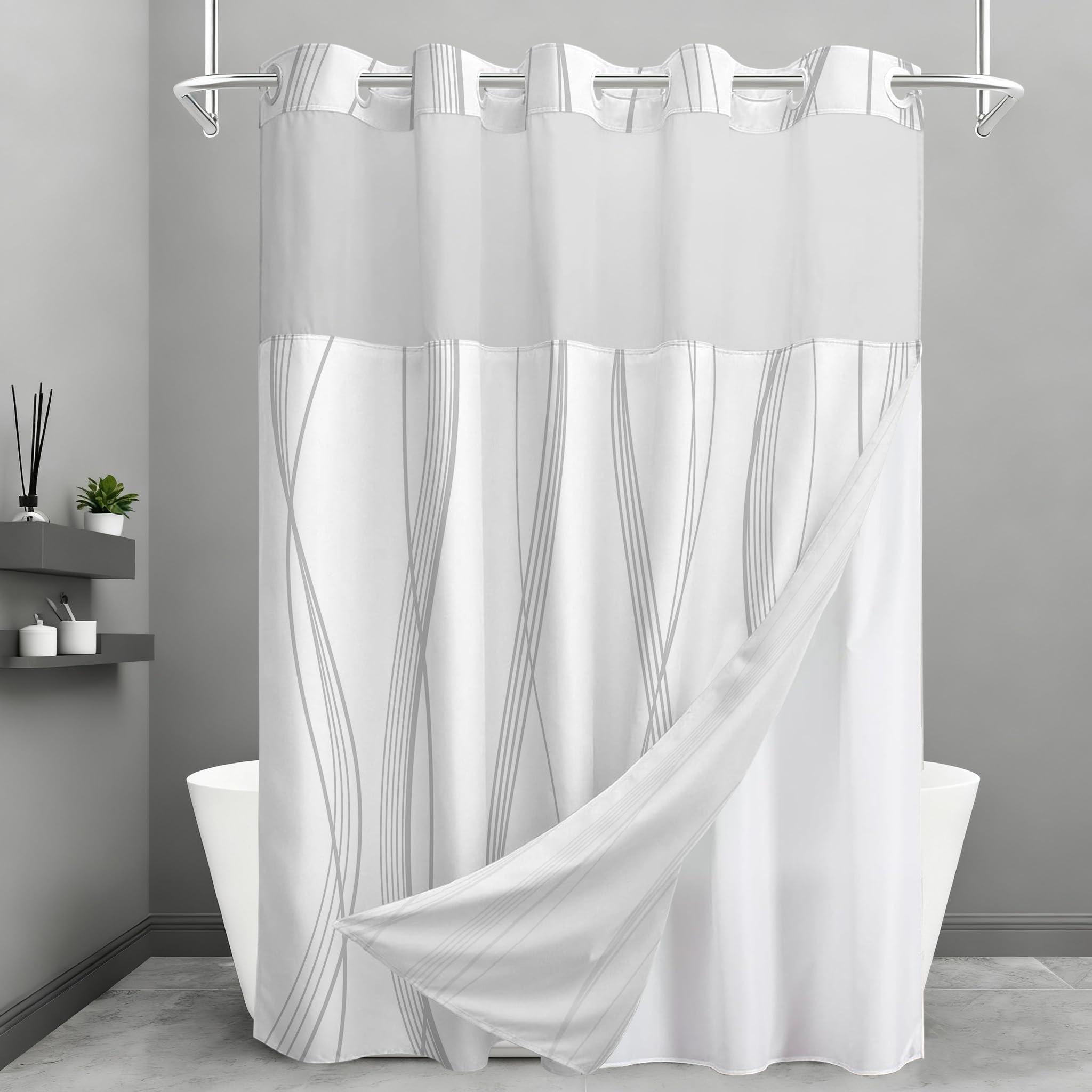 TWLSNCD No Hook Shower Curtain and Liner Set, Grey Striped Shower Curtains with Snap in Fabric Liner, Hotel Ringless Waterproof Washable with See