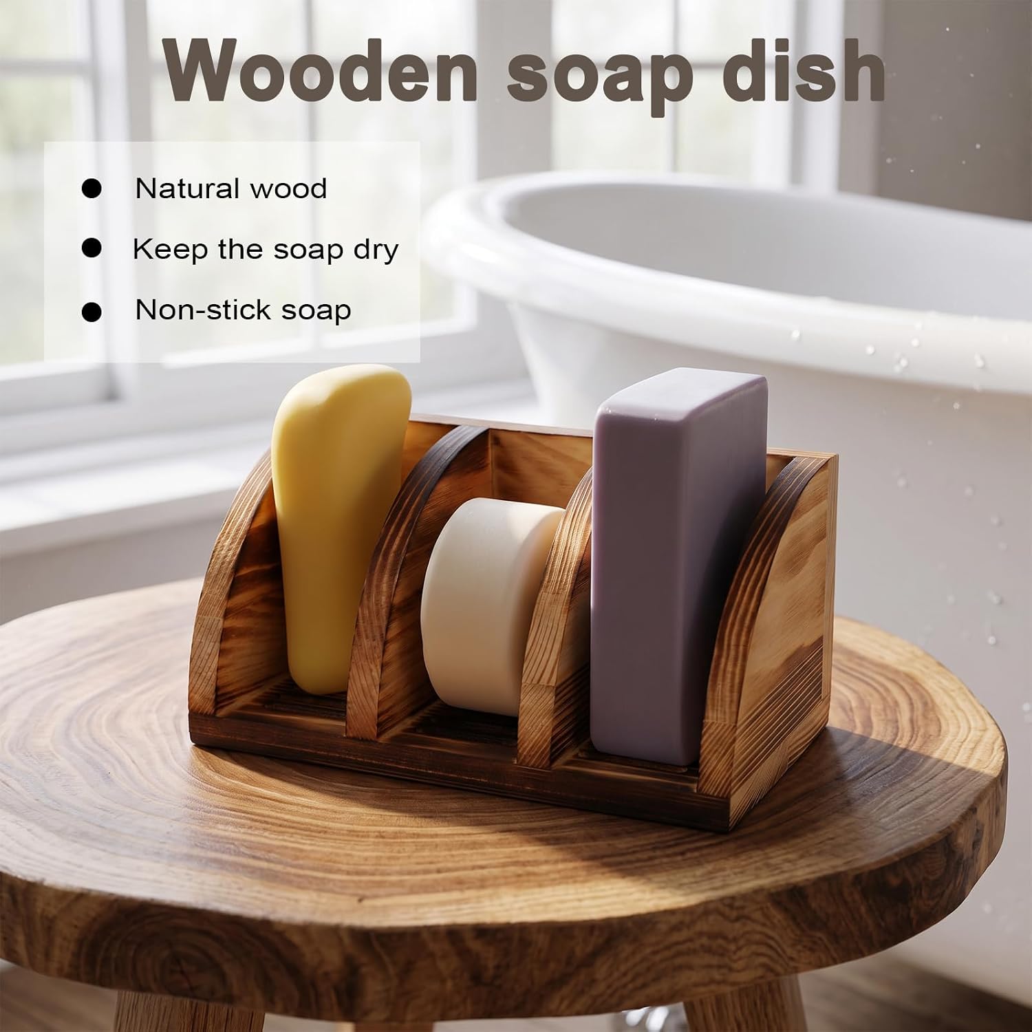 2pcs Wood Soap Holder - Solid Wooden Bar Dish, Self Draining Bathroom