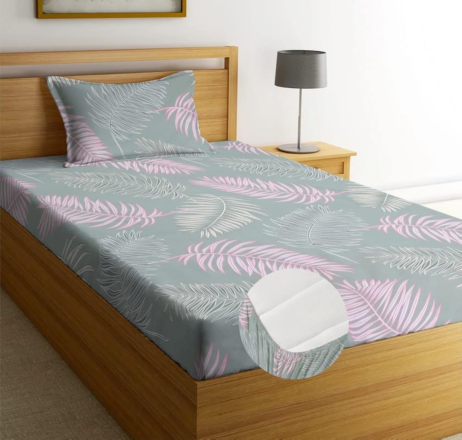 Premium Cotton Elastic Fitted Bedsheets with 1 Pillow Covers | Single Bed with All Around Elastic 220 TC Supersoft Breathable & Wrinklefree | for 72x36+6 Feet Mattress, Light Green & Pink-image-49