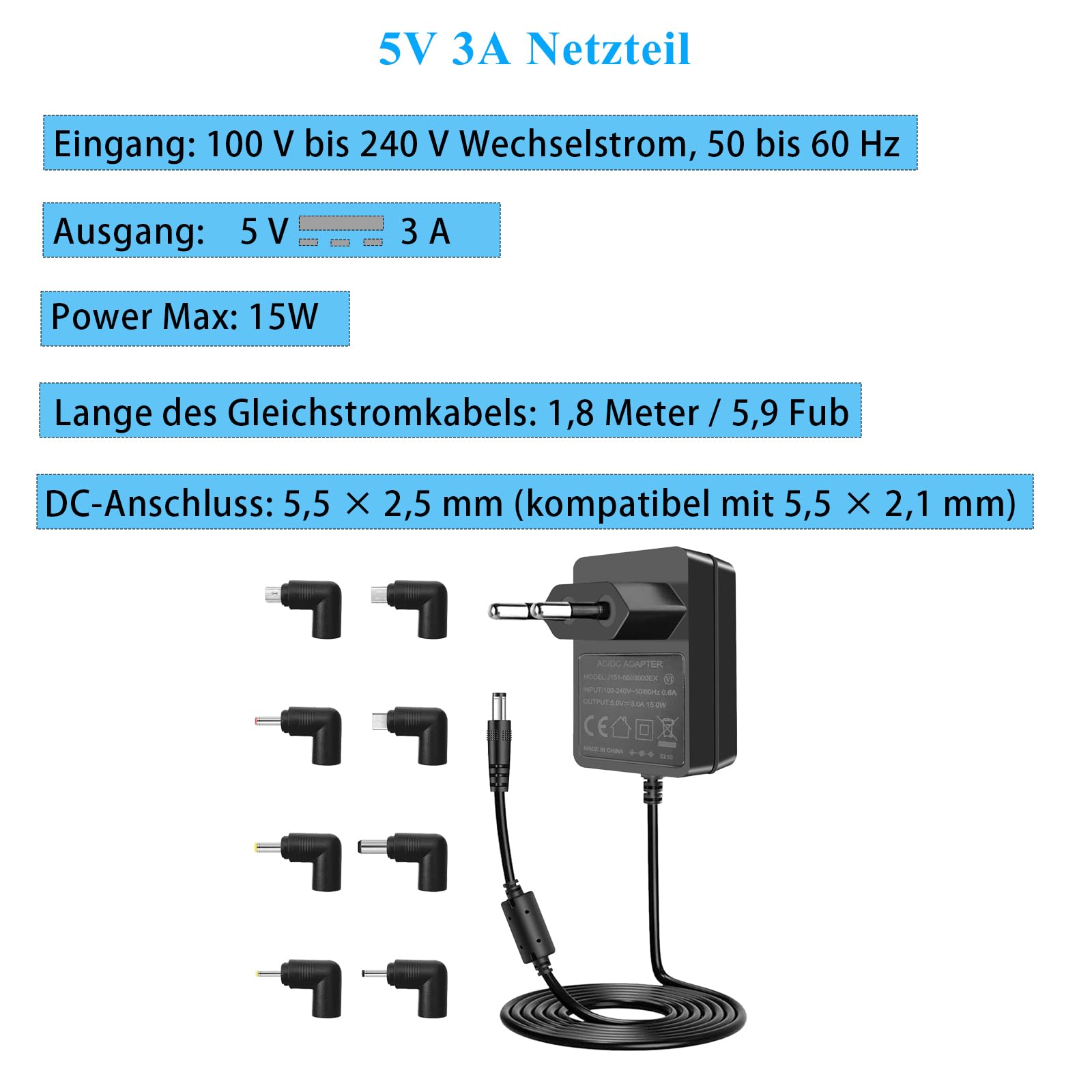 5V Netzteil, AC 100-240V auf DC 5V 3A 2A 1A Adapter, 15W Steckernetzteil. | mit 8 wechselbaren DC Steckern, für TV-Box, Lautsprecher, LED, Babyphone und weitere 5V Geräte Schaltnetz.