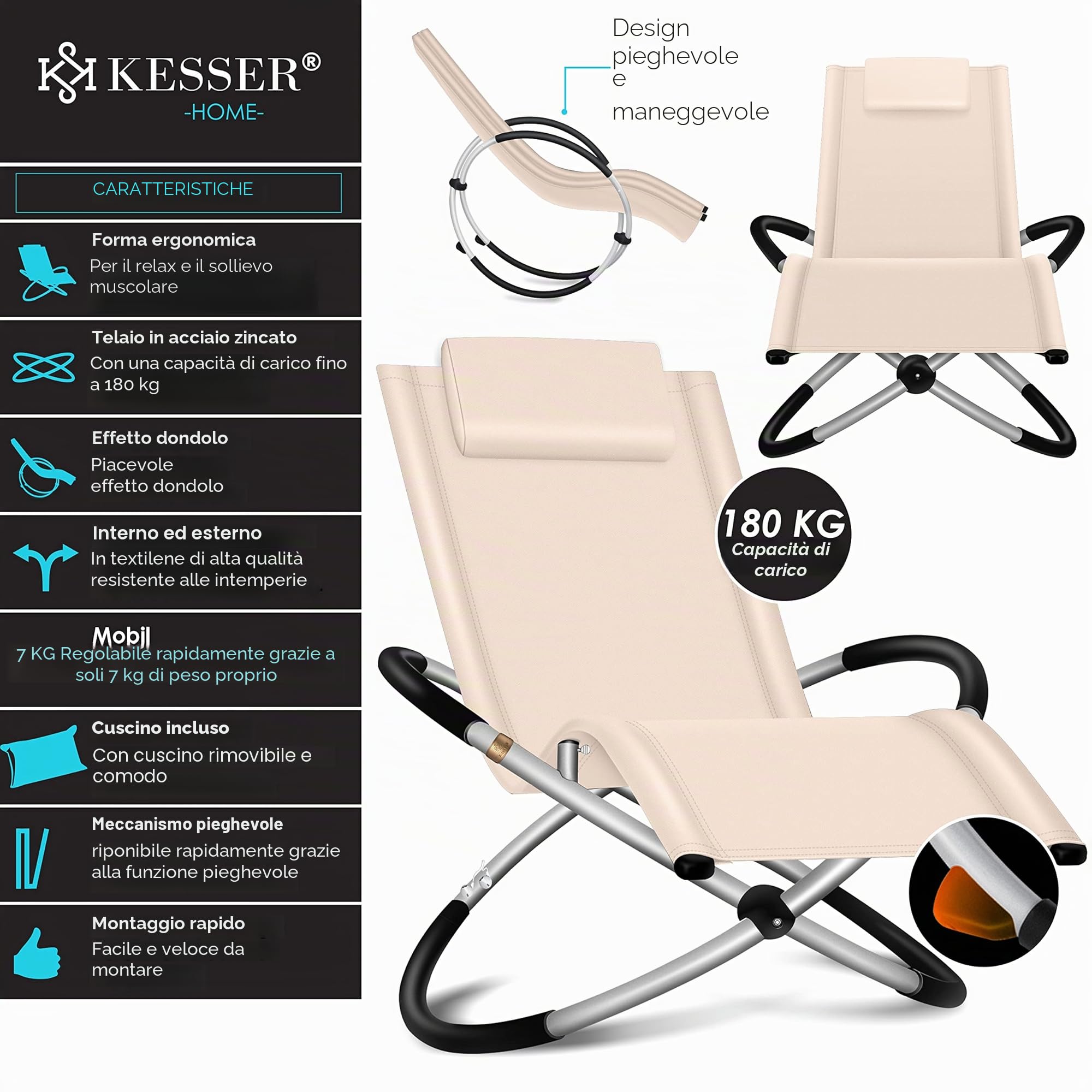 KESSER® Lettino relax Sdraio | Lettino da giardino | Sedia da giardino | Sedia pieghevole | Lettino a dondolo | Sedia a dondolo | seduta reclinabile ergonomica, Beige