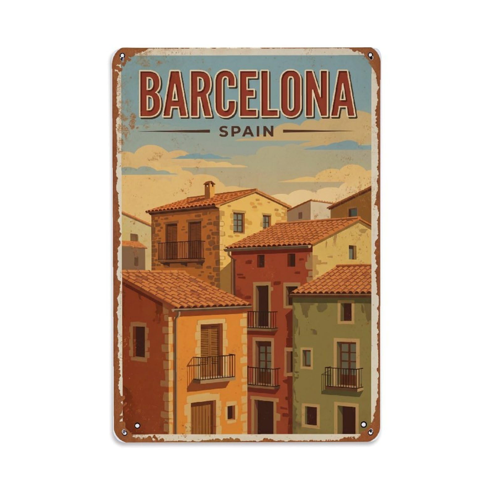 Fqnyr Style Vintage Travel Homesteads Spain Traditional Metal Tin Sign Plaque Wall Decor For Cafe, Club Bar, Office, Home Garden Metal Poster 8X12inch