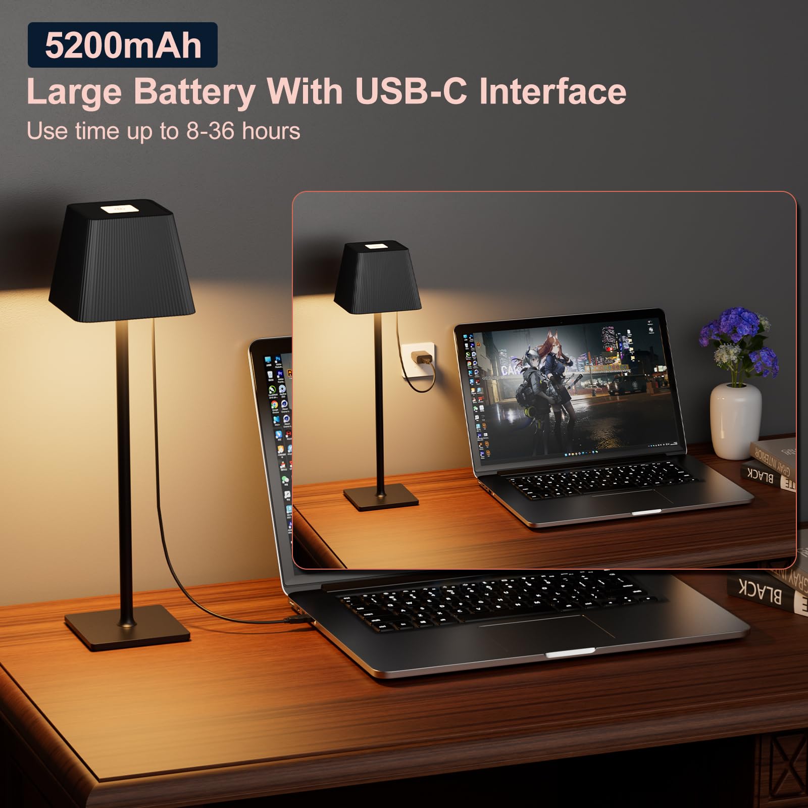 Nulmvic Lampada da Tavolo Senza Fili Ricaricabile - 5200mAh Lampada LED Dimmable Touch Control 3 Temperatura Colore - Materiale Metallico IP54 Impermeabile per Interno Esterno Camera Bar (Nero)