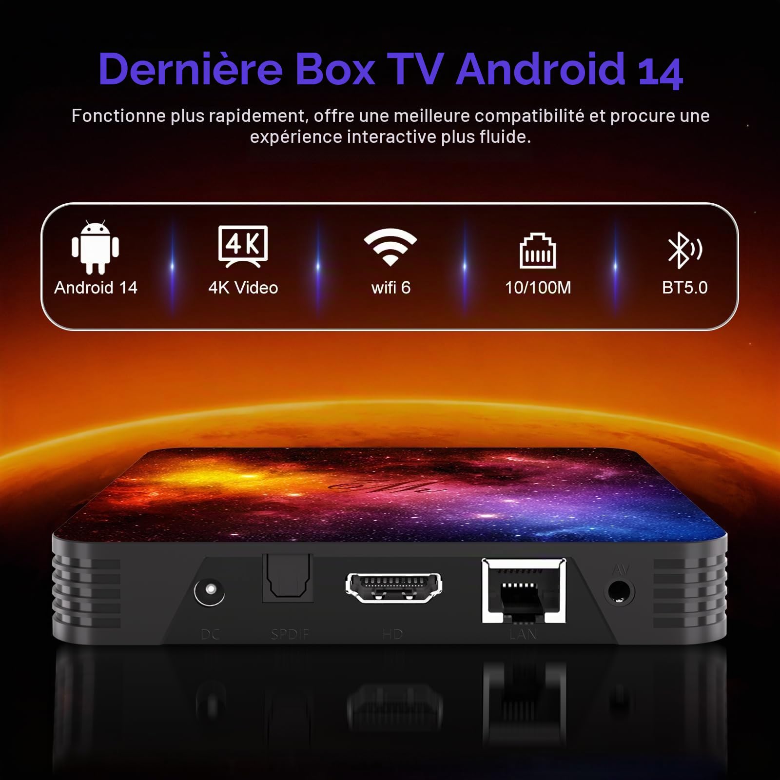 Boîtier Android TV 14, 4Go RAM et 64Go ROM,Mini Clavier Fourni