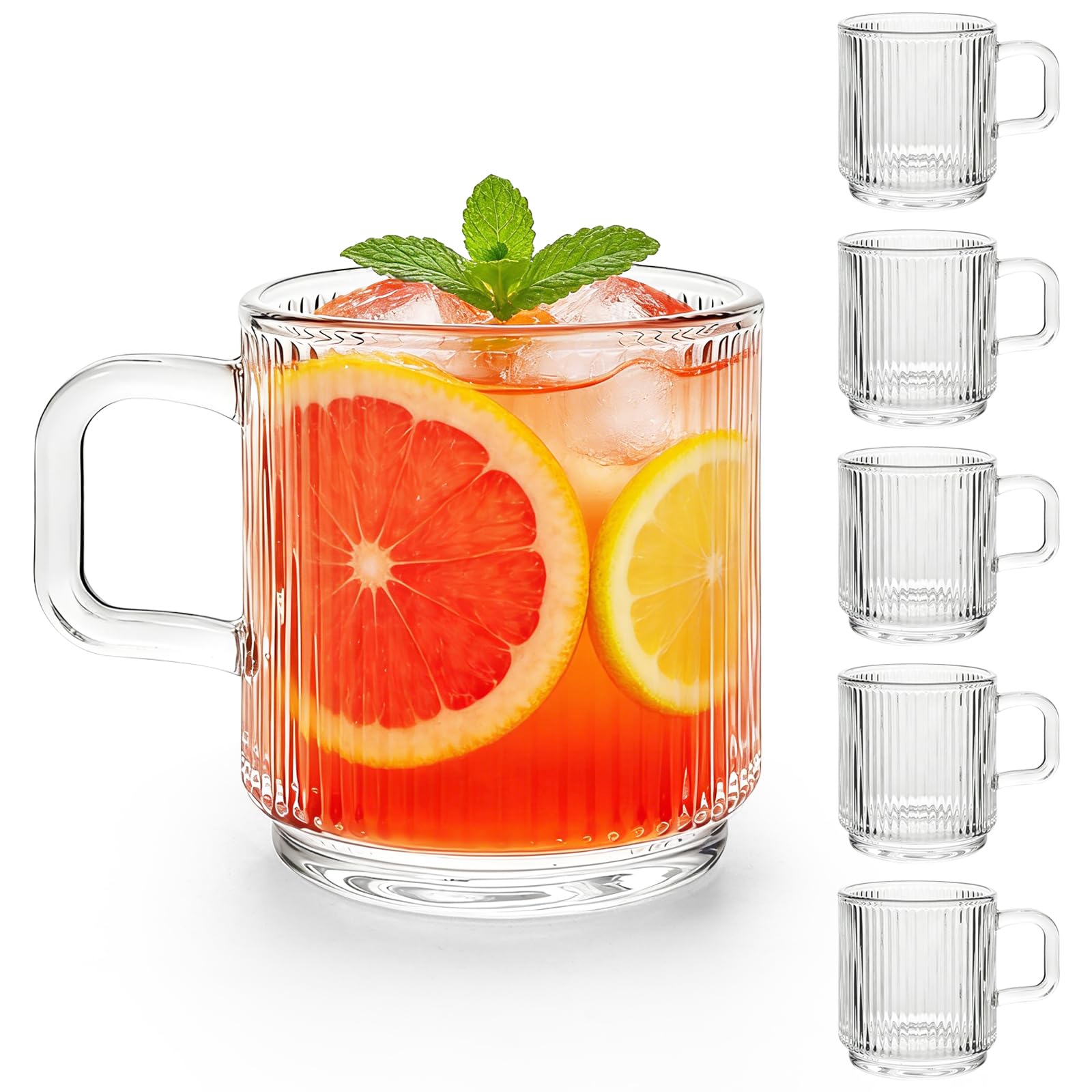 Iceten Glass Coffee Mug Set of 6, 350ml Ribbed Glassware with Handle,High Borosilicate Glass Cup Set,Perfect for Beer, Juice,Cappuccino, Latte and Desserts