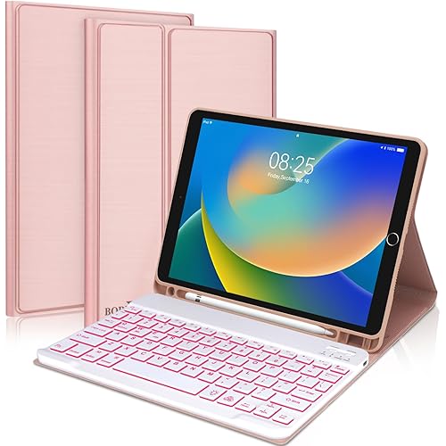 iPad 9th 2021/8th/7th Generation Keyboard Case, BORIYUAN 7 Colors Backlit Detachable Keyboard Folio Smart Cover for iPad 10.2"/iPad Air 10.5"(3rd Gen)/iPad Pro 10.5" with Pencil Holder –Champagne Pink