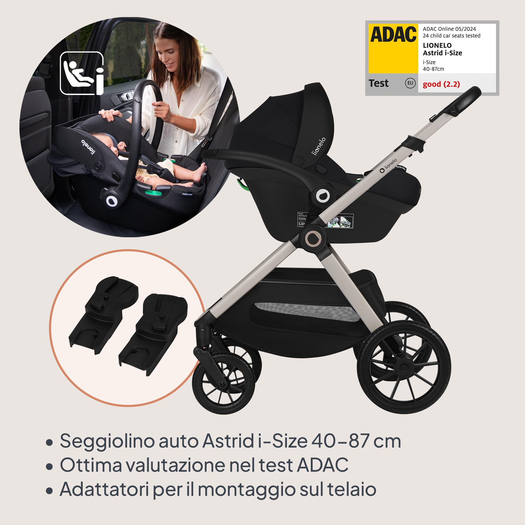 LIONELO LAYLA - Passeggino 3 in 1, 0-48 mesi fino a 22 kg Navicella fino a 9 kg, regolazione dello schienale e dei piedi, AiryDots, ruote in PU girevoli a 360 ° Ammortizzazione totale Booth XXL