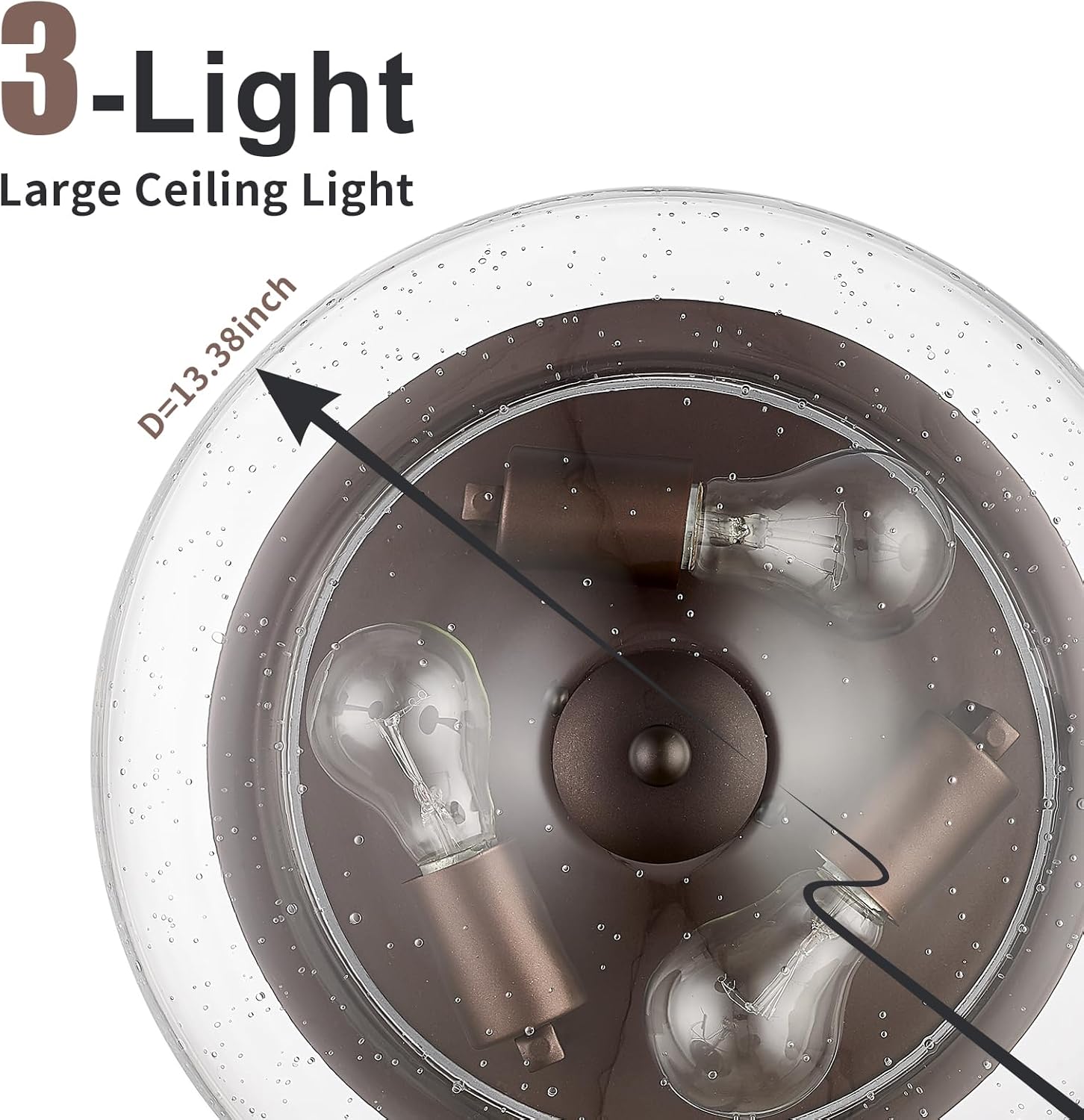 darkaway large ceiling light fixtures 3-ight flush mount indoor outdoor ceiling light with seeded glass shade for hallway kitchen bedroom porch living room dining room bronze finish bronze 13.38inch