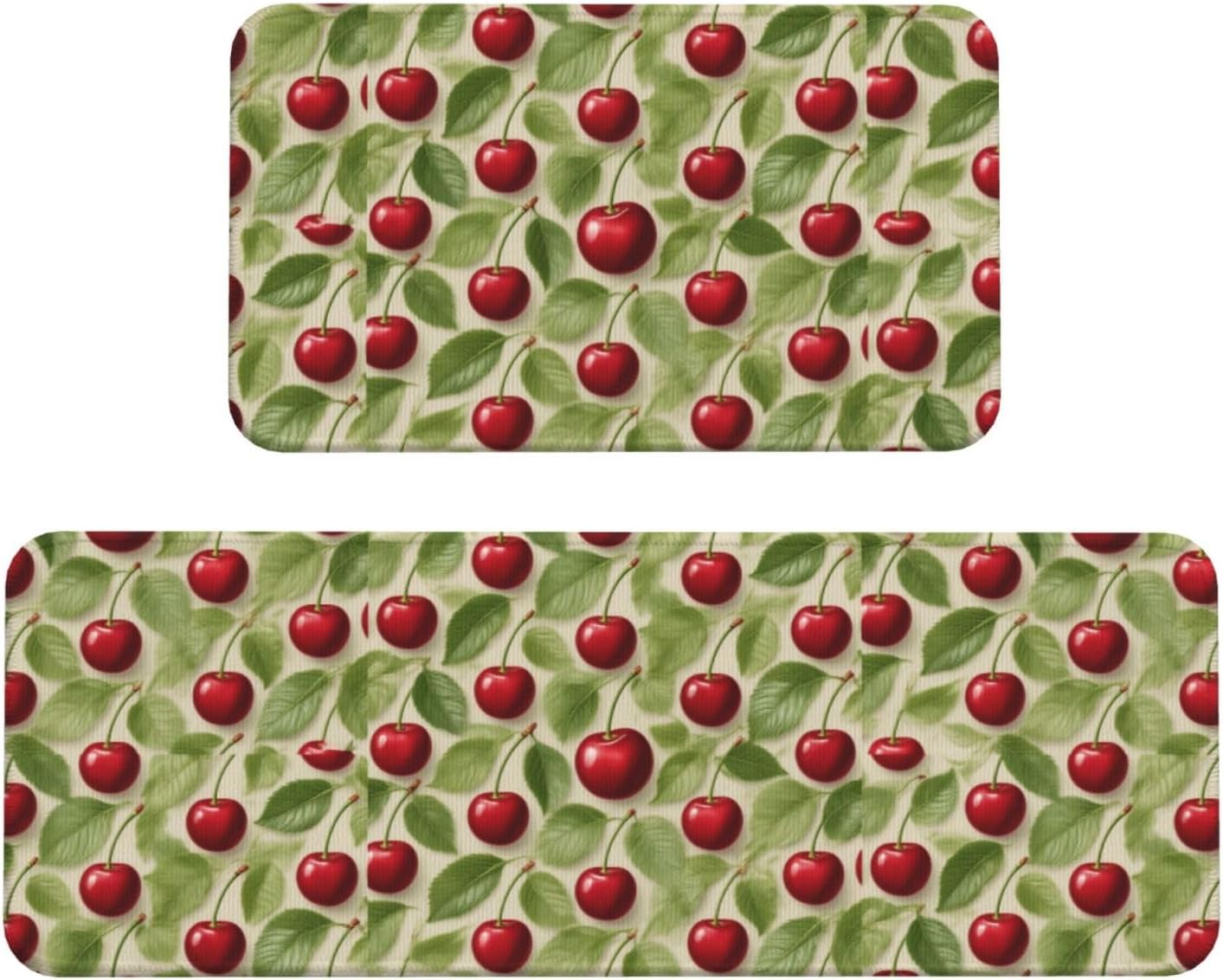 Red Cherry Pattern Kitchen Rugs Set of 2, Cushioned Anti-Fatigue Kitchen Mats for Floor, Waterproof Comfort Standing Mat Absorbent Velvet Kitchen Runner Rugs 17"x30"+17"x47"