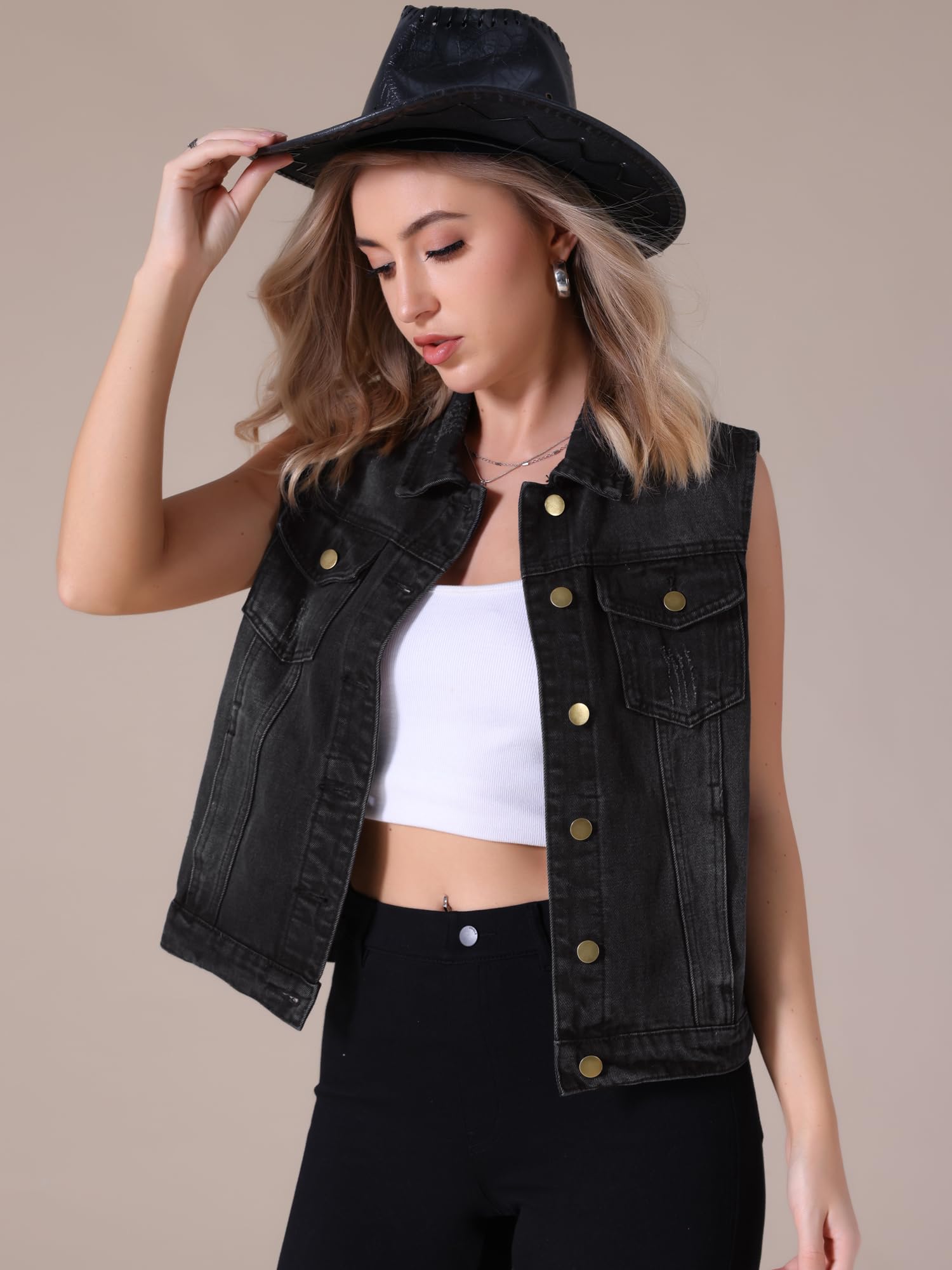 Donna Gilet in Denim con Bottoni Distressed senza Maniche Giacca Jean