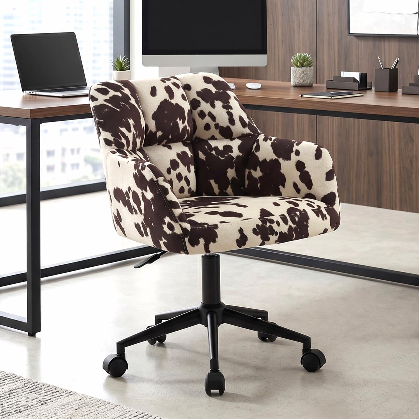 Modern Swivel Home Office Desk Chair with Wheels, Cow Print Velvet Height Adjustable Comfortable Ergonomic Upholstered Vanity Make up Chair, Cute Cowhide Computer Armchair for Living Room Home