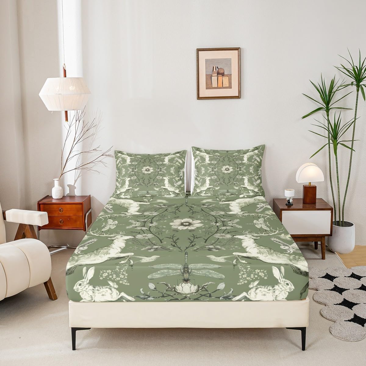 Homewish Rustic Farmhouse Animals Kids Sheet Full Size,Deer Owl Rabbit Dragonfly Insect Bedding Set, Daisy Flower Leaves Kids Room Decor,Baby Green Sheet(Fitted+Flat+2 Pillowcases)
