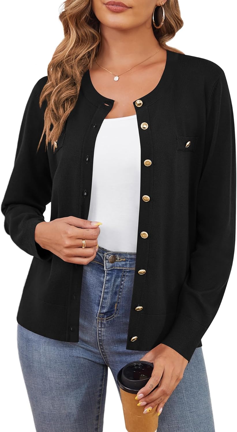 CZYINXIAN Women's Trendy Knit Cardigan Open Front Crewneck Button Down Long Sleeve Lightweight Sweater Cardigans