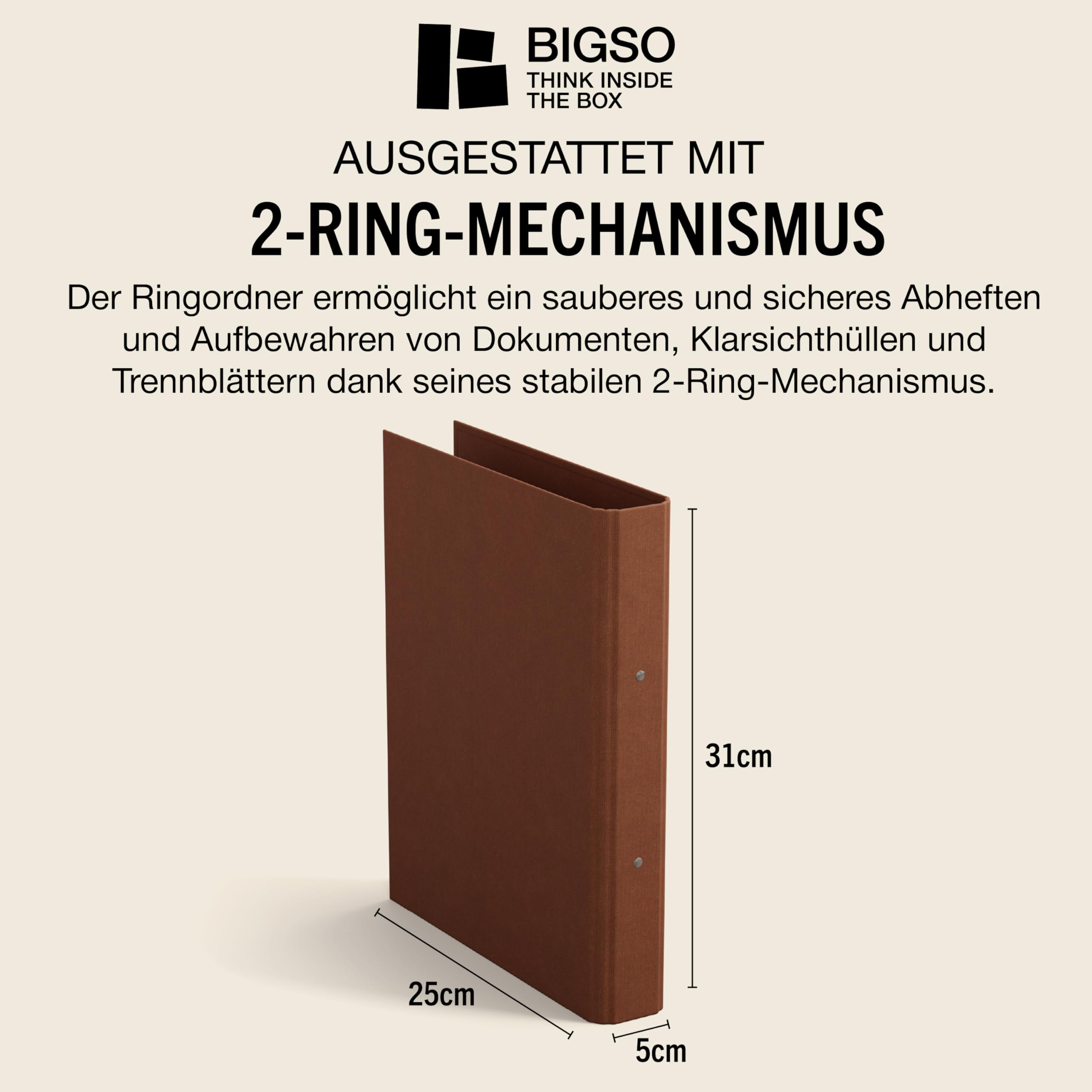 BIGSO RINGO segregator z 2 pierścieniami – wąski segregator ze 100% płyty pilśniowej z recyklingu i papieru o wyglądzie lnu, skoroszyt do dokumentów, przezroczystych koszulek lub przekładek – sienna