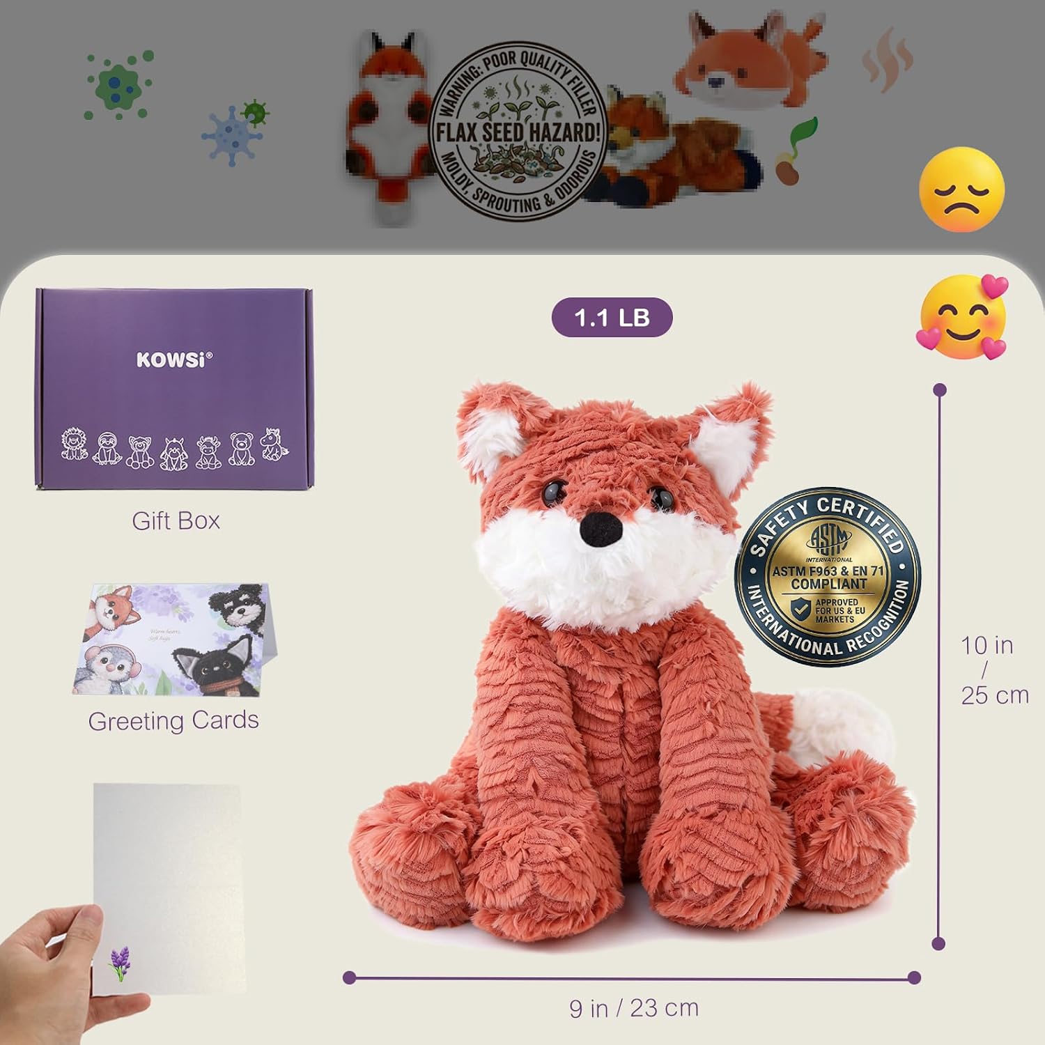 KOWSi® Microwavable Heating Pad Vulpes Red Fox Plush - Weighted Stuffed Animal Toy Tourmaline Beads & Lavender - 1.1 lb for Long Lasting Cozy Warmth & Relaxation - Includes Gift Box & Greeting Card