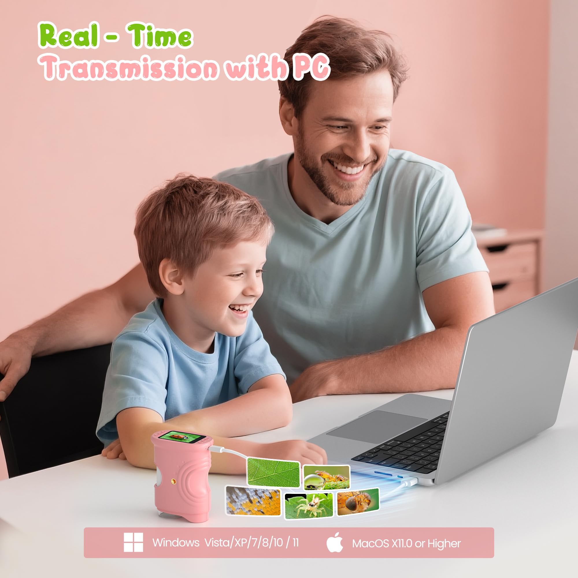 1000X Portatil Digital Microscopio Niños: Magnifying Glass para 2.0" IPS Pantalla - Regalo Original 3-8 8-12 Años Niña Infantil - Lupas Gran Aumento con Luz Rosa