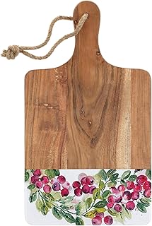 Boston International Cutting/Cheese Board with Handle - Wood and Enamel Serving Tray, 16" x 12", Cranberry Wreath