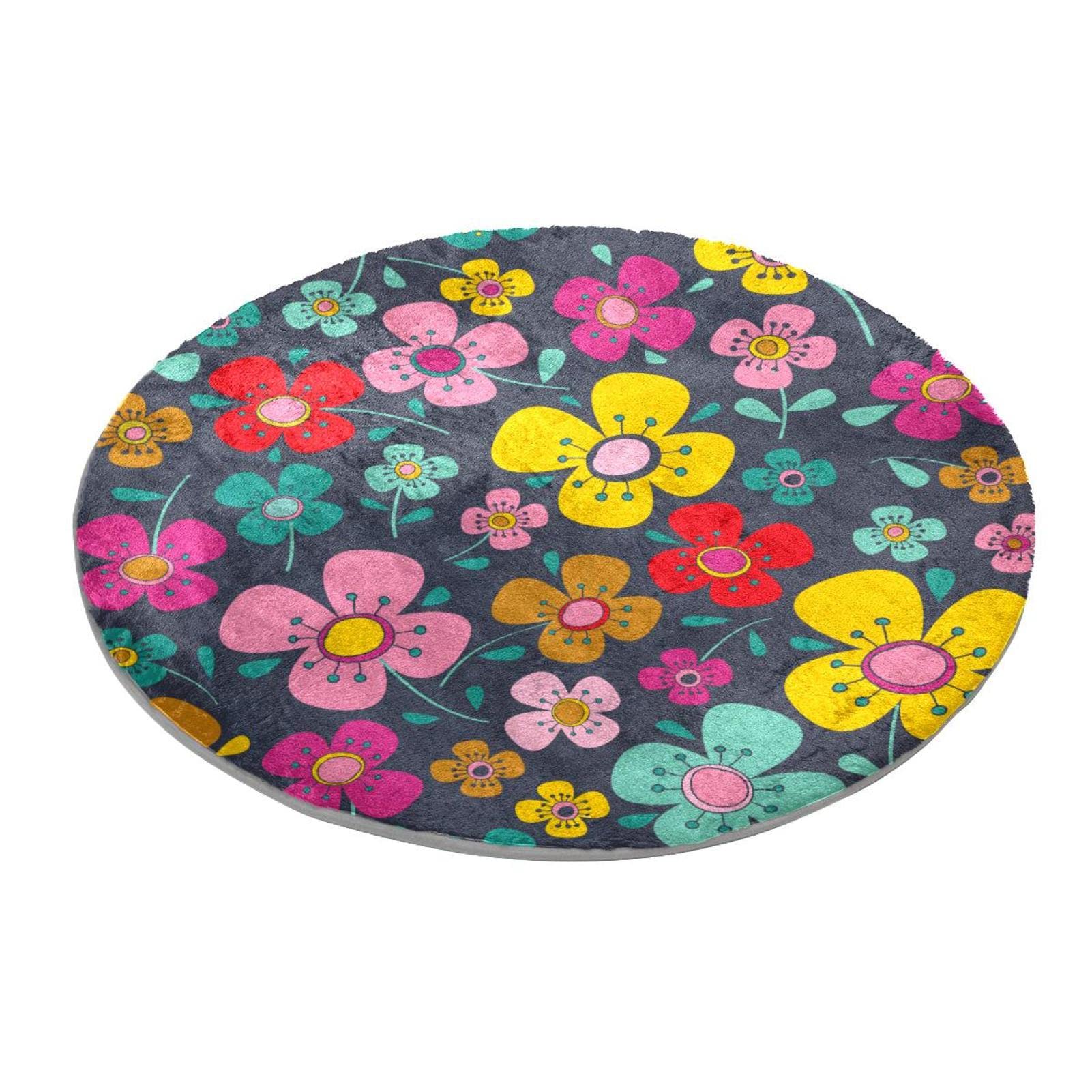 Tapis rond floral coloré lavable et moelleux pour un salon dynamique