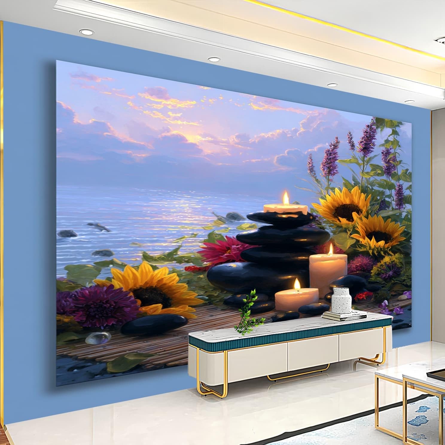 Fototapeta 3D włóknina 250 x 175 cm ocean rośliny słonecznik kamień tapeta fioletowy plakat do domu biura sypialni gabinetu salonu