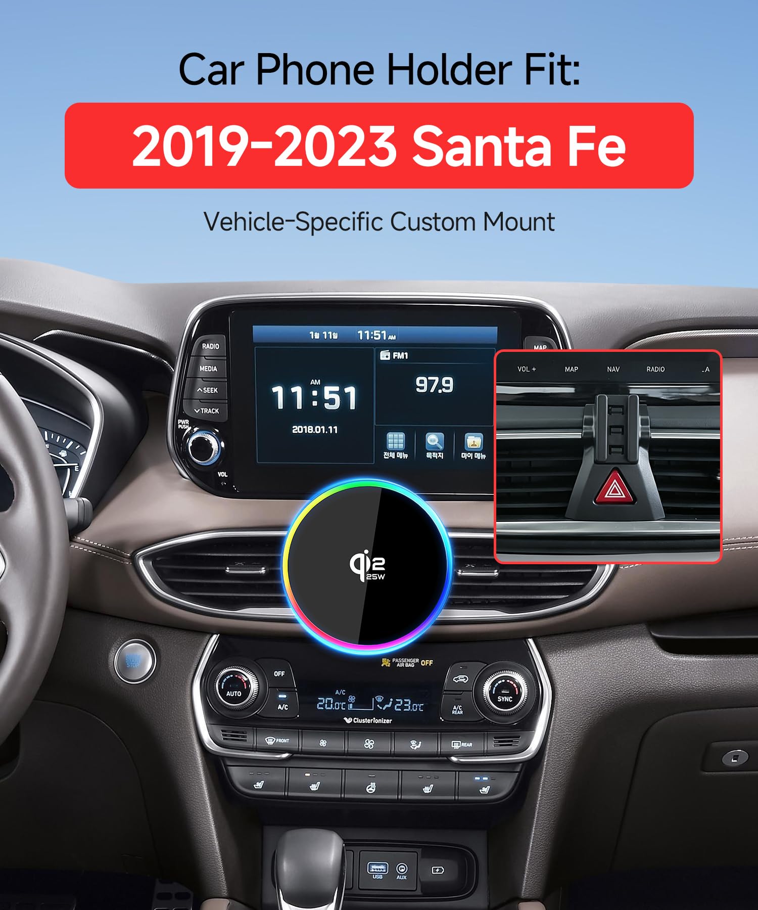 Qi2.2 Max 25W Fast Wireless Car Charger Phone Holder for 2019-2023 Hyundai Santa Fe Accessori, 360 ° Rotazione Phone Mount Compatibile con MagSafe, Il supporto del telefono non influisce