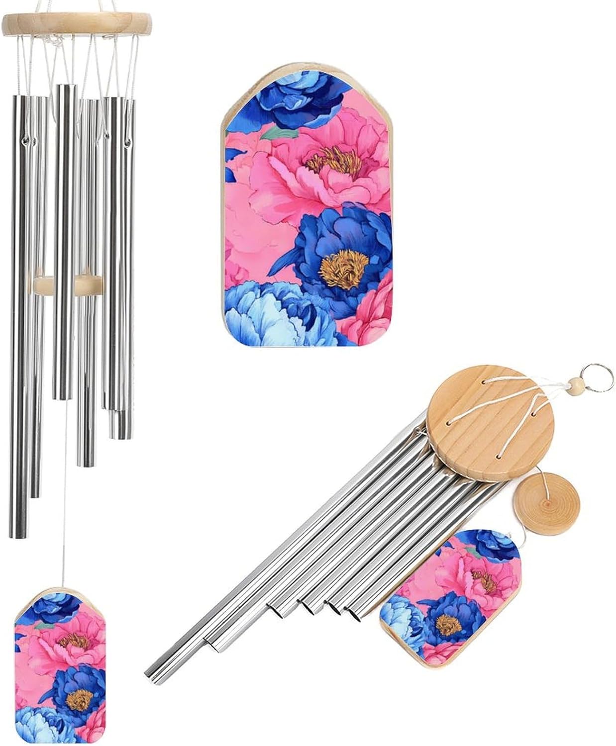 Peony Flowers Watercolor Wooden Wind Chimes Deep Tone Memorial Windchime for Outside Garden Home Decoration