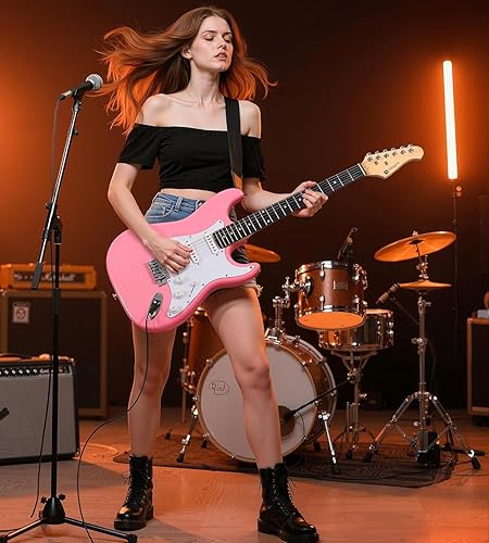 Miniatura 8 de Vangoa Guitarra eléctrica, guitarra eléctrica rosa de tamaño completo, kit de inicio para principiantes, cuerpo sólido de 39 pulgadas con