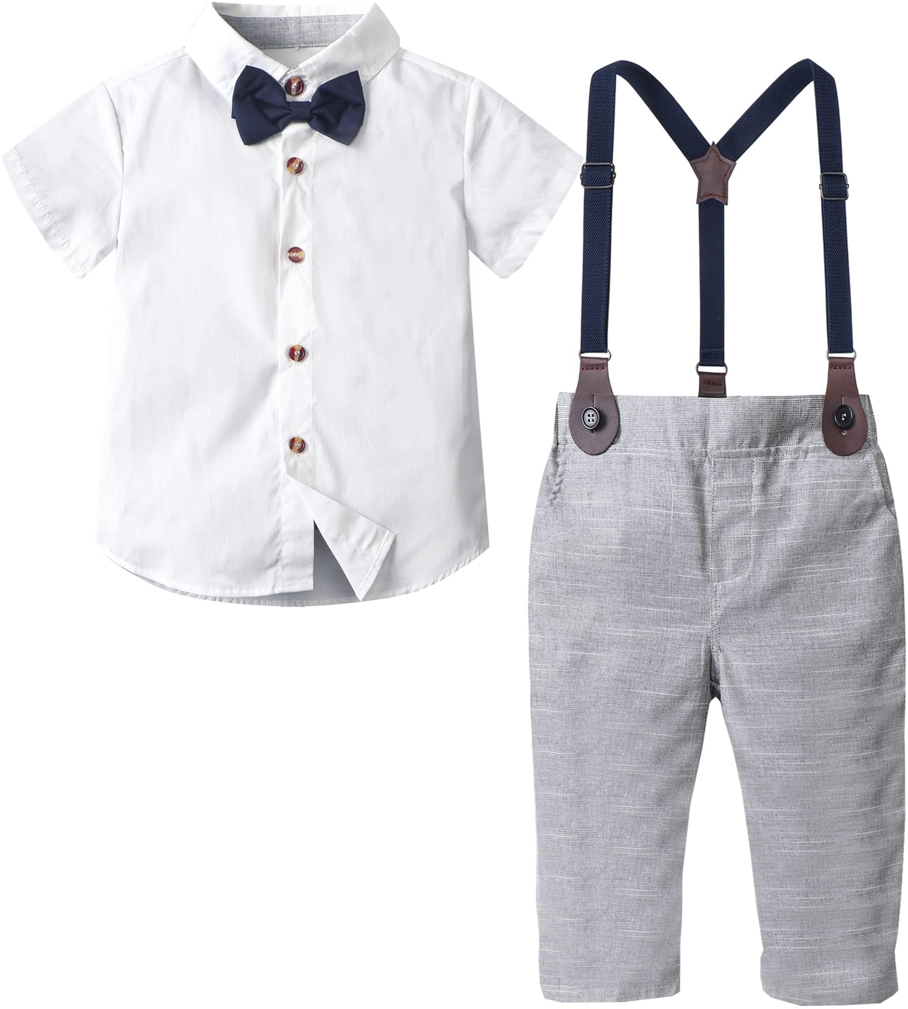SANGTREEBoys Gentleman Clothes Set, White Short Sleeve Summer Shirt with Bowtie + Suspender Pants 2Pcs Wedding Birthday Outfit, Short White + Grey 6-9 Months = Tag 60, Short White + Grey, 3-9 months