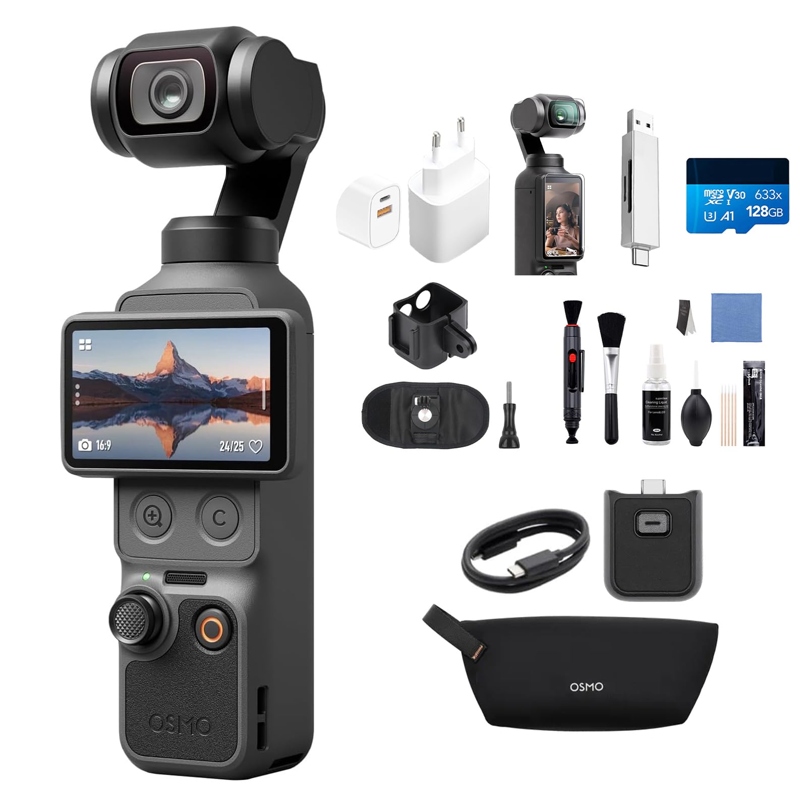 DJI Pack Esencial Osmo Pocket 4 Bundle, cámara para videovlogs de Bolsillo con estabilizador, 1″ CMOS y 4K/240 fps, estabilización de 3 Ejes (Paquete de Accesorios múltiples)