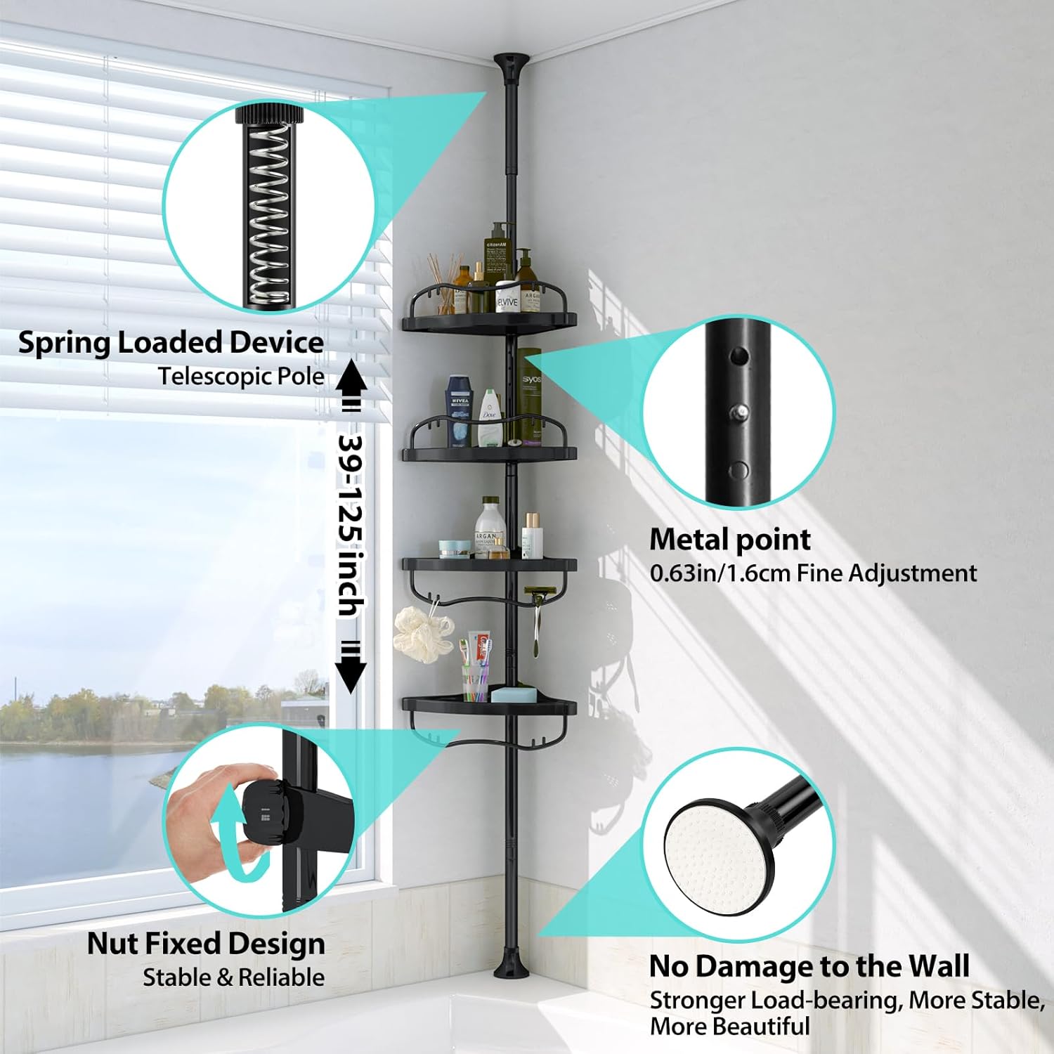 Corner Shower Caddy, 39-125 Inch Adjustable Height With ABS Shelves, Drill Free Organizer, 4 Layer Rustproof Metal Tension Pole, Large Storage, Black