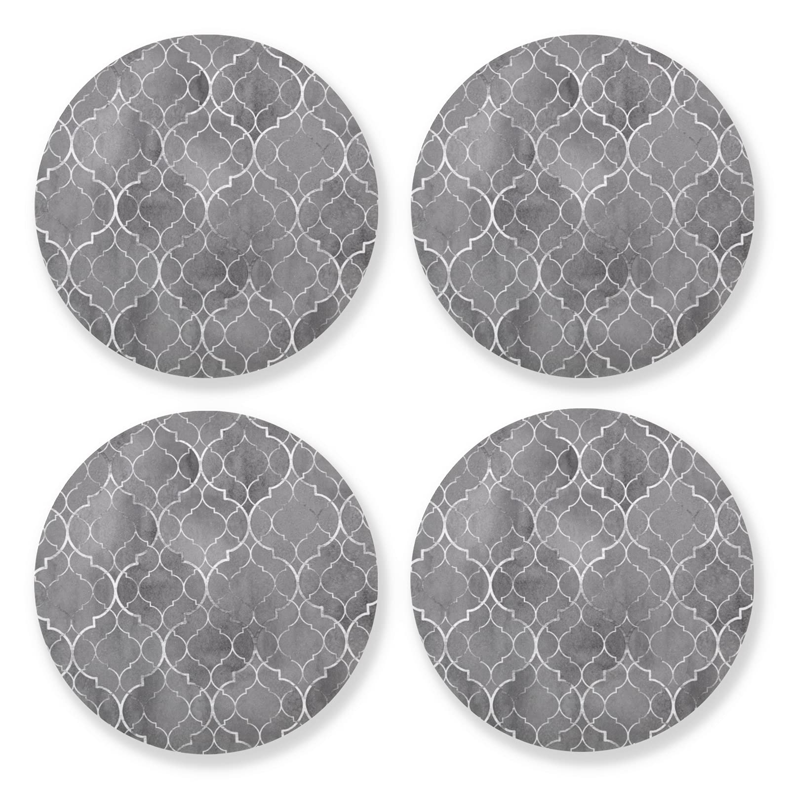 Seamless Silver White Moroccan Tiles with White Geometric Lines 4 Set Wood Mug Coaster, Cup Mat Pad for Kinds of Mugs, Oversize Stone Coasters Holder with Cork Base Housewarming Drinks Gifts