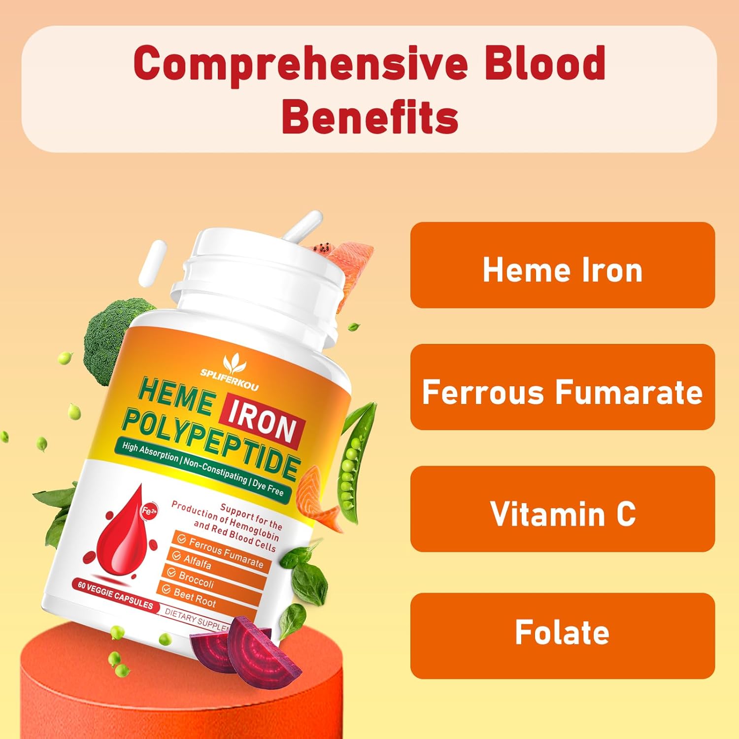 Heme Iron Supplement for Women and Men - Easy to Absorb -Gut Friendly, Iron Supplement with Folate, Vitamin C and Vitamin A - Vegan - 180 Caps
