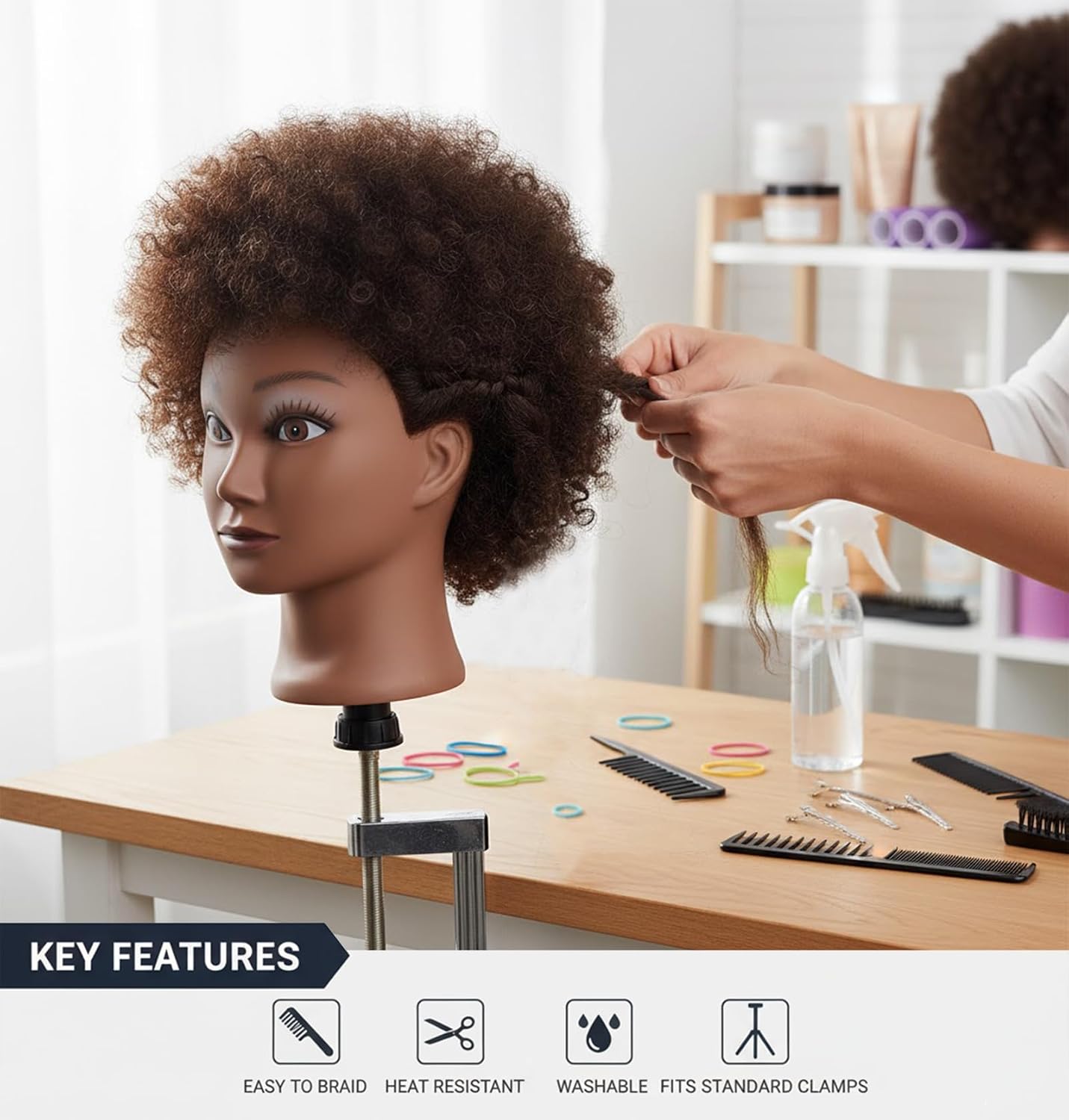 AliLeader Afro mannequin head with 100% Human Hair Mannequin Head Curly Cosmetology for Display Practice Braiding Styling Training Head Hair Styling (Brown, 6 Inch)