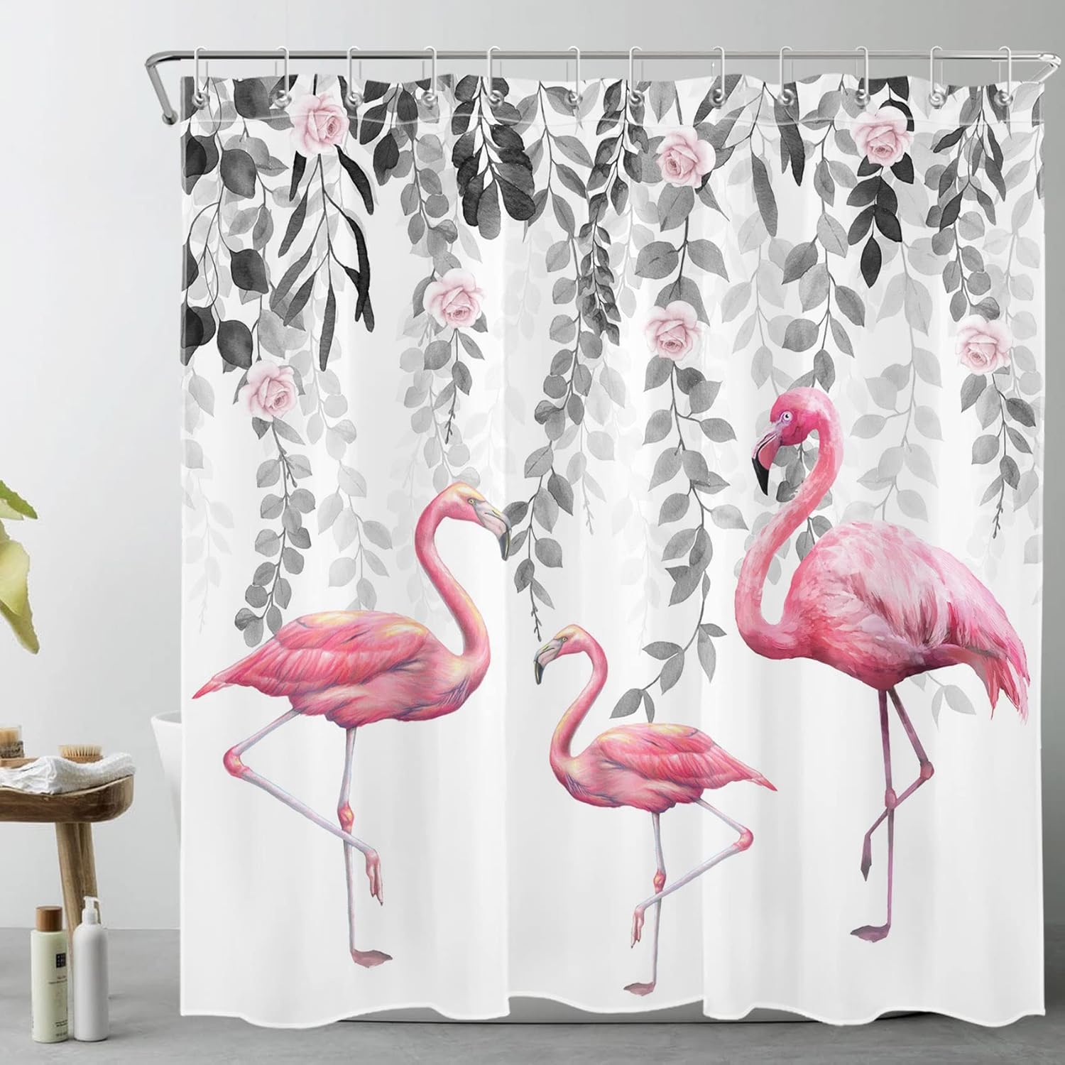 LB Pink Flamingo Shower Curtain Grey Leaf Pink Rose Floral Shower Curtains for Bathroom Tropical Bird Shower Curtain Set Long Waterproof Washable Fabric with Hooks,72x78 inch