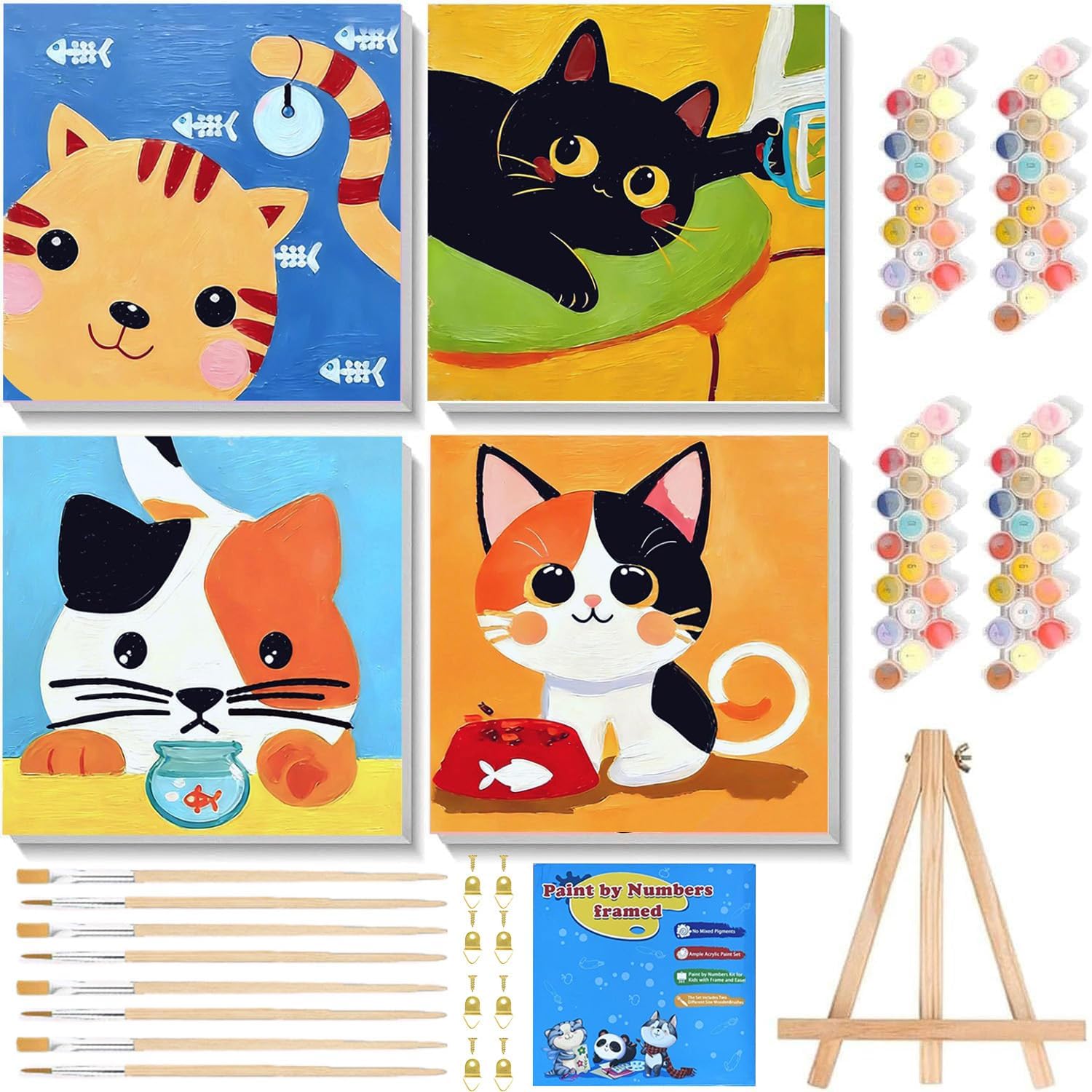WEMEON 4 Pack Paint by Numbers Kit for Kids with Framed and Easel, Easy Kids Paint by Number Kits Age 8-12, DIY Cat Paint by Number for Teens for Home Wall Decor Gift 8x8 inch