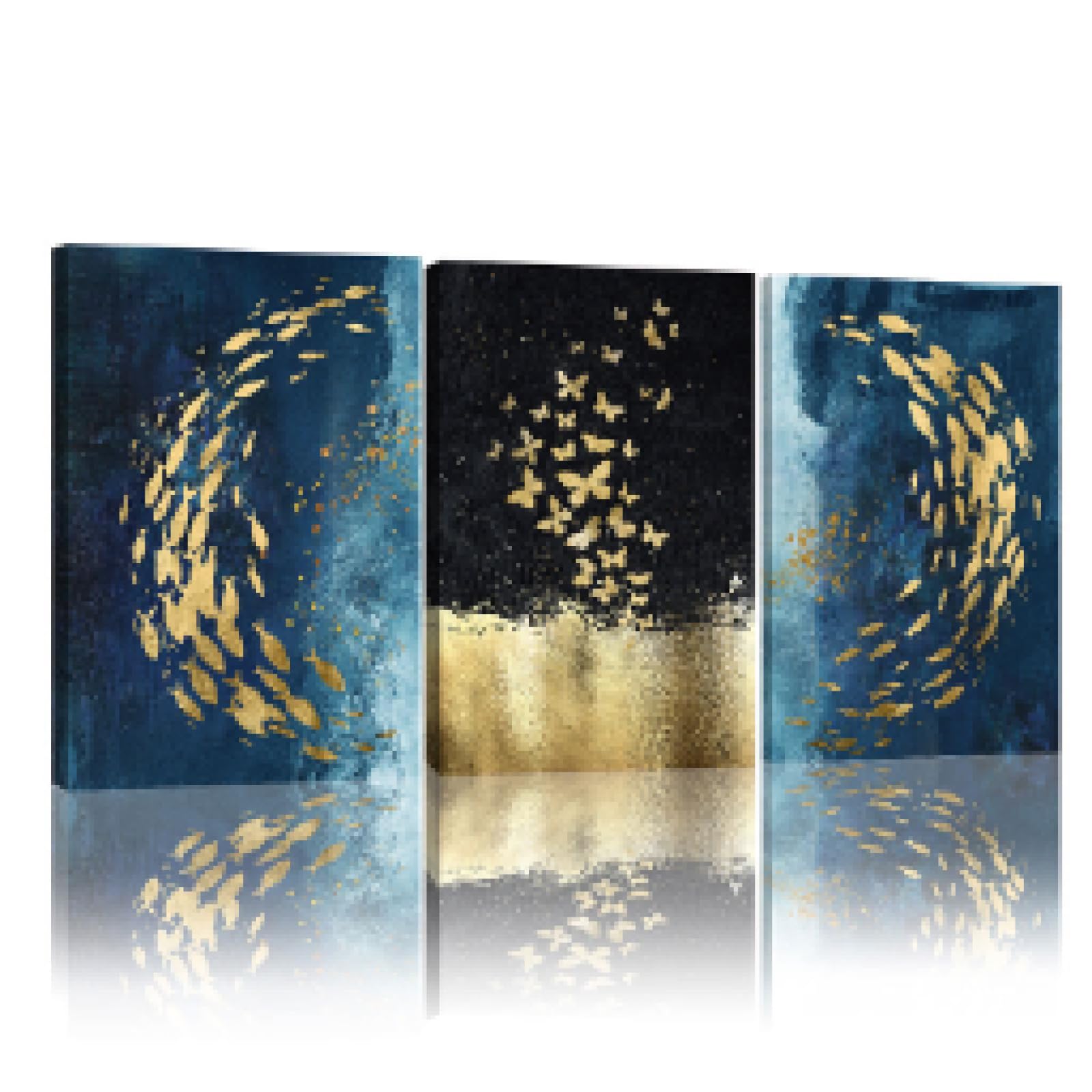 Arte de la pared Lienzo Impresión del cartel Nórdico Dorado Negro Pescado Mariposa Lienzo Pintura Cuadro decorativo para la decoración de la sala de estar 40x50cm (16x20in) x3 Marco interior