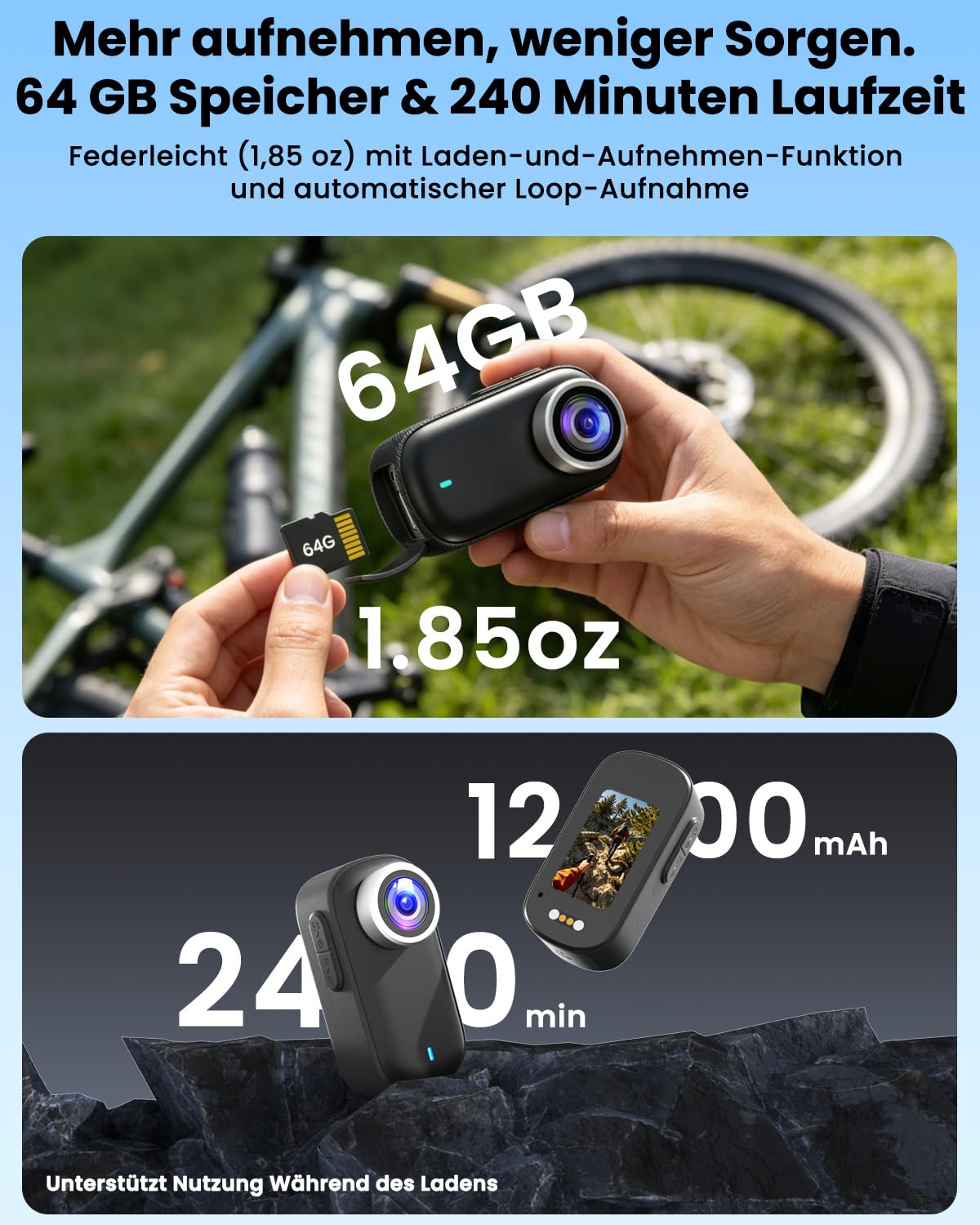 Bodycam, Mini Action Cam 4K mit Display, Wasserdicht WiFi Bodycam Körperkamera Mini mit 64GB Karte, POV Kamera 1200-mAh, Unterwasserkamera, helmkamera Motorrad, Loop-Funktion Dashcam Fahrrad