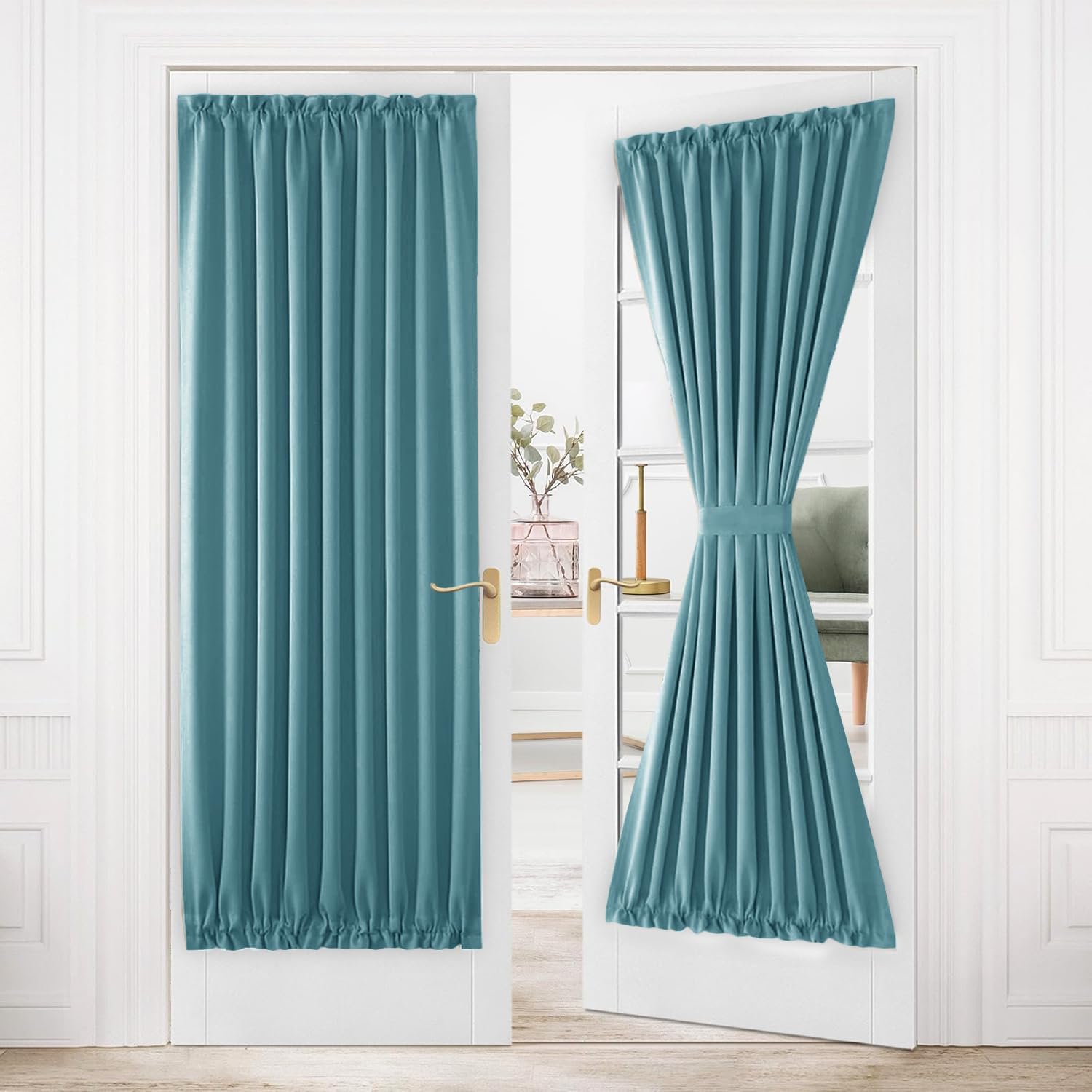 DWCN French Door Curtains – Rod Pocket Thermal Blackout Curtain for Doors with Glass Window, Kitchen and Patio Doors for Privacy, 54 X 72 Inches Long, 1 Curtain Panel with Tieback, Stone Blue — image 1