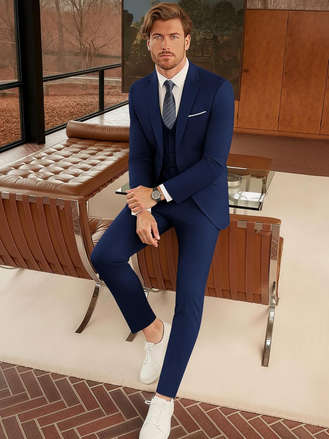 WEEN CHARM Men's 3-Piece Slim Fit Suit Set-2-Button Blazer,Vest & Pants-Formal Wedding,Prom,Party & Business Tuxedo - Image 4