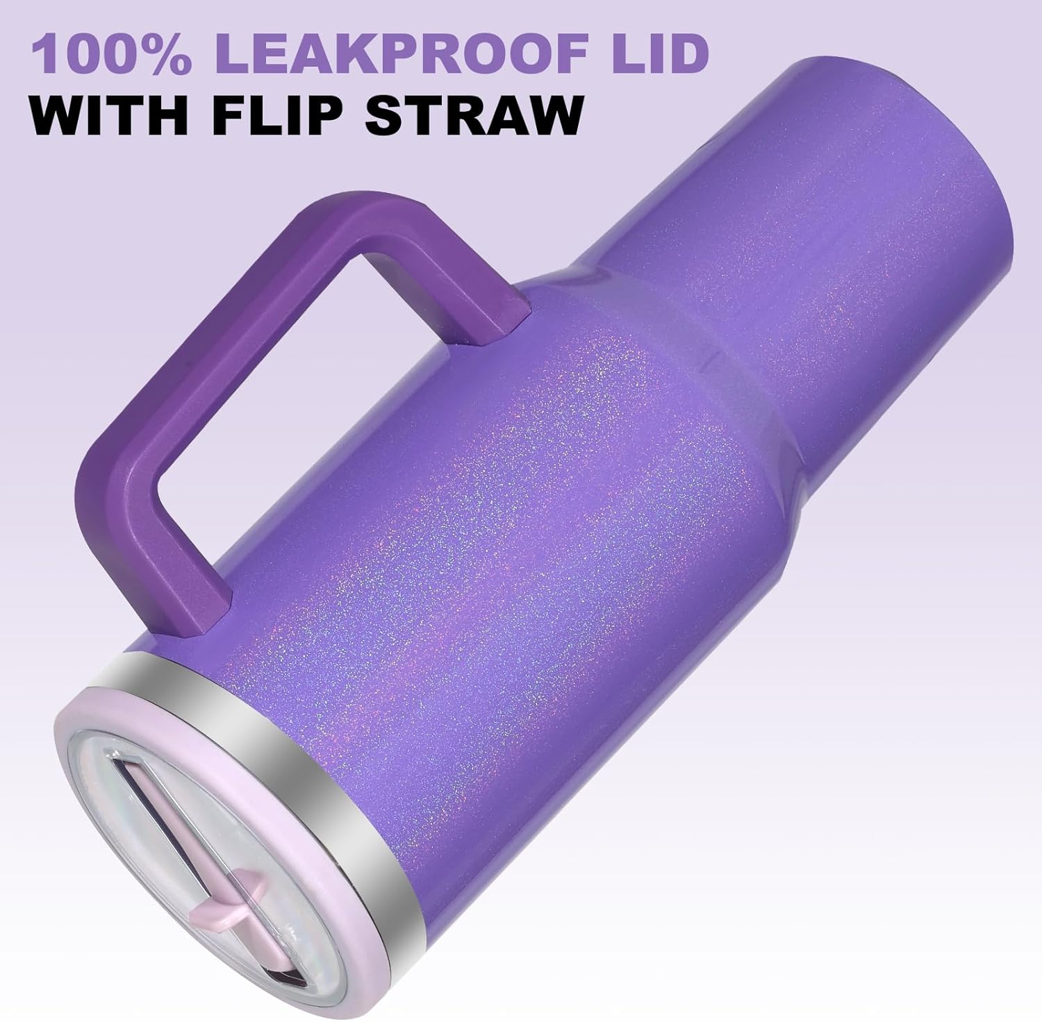 40 oz Tumbler with Handle and Flip Straw Lid, Vacuum Insulated Leak Proof Double Walled Stainless Steel Glitter Travel Mug Tumblers, Maintains Cold Ice and Heat for Hours(Purple) - Image 2