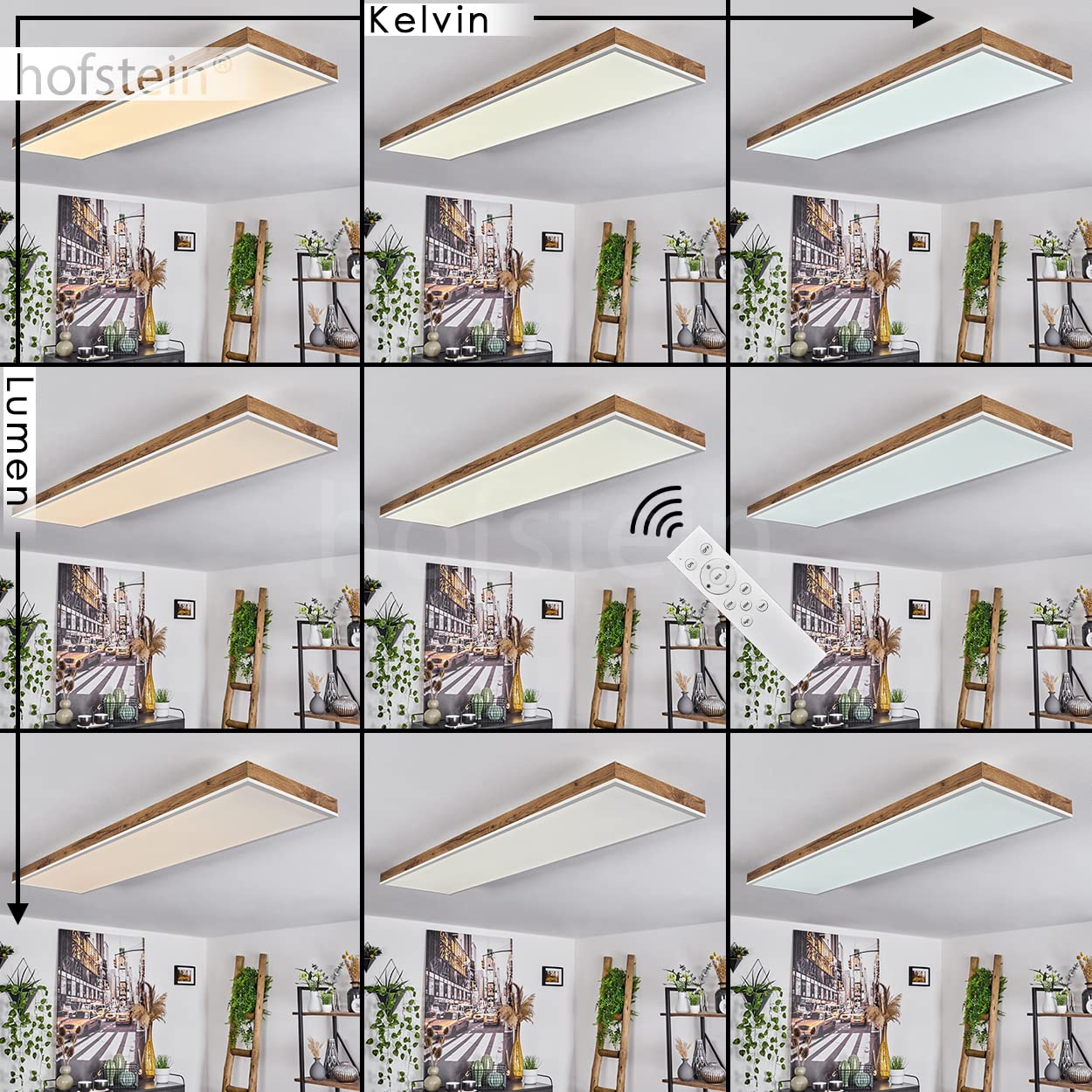 Plafón LED Salmi, plafón de metal/MDF/plástico en blanco/madera/marrón, panel LED regulable/cambiable de color de luz con mando a distancia, 150-2250 lúmenes, 2700-6500 Kelvin, 1 x LED 36 vatios