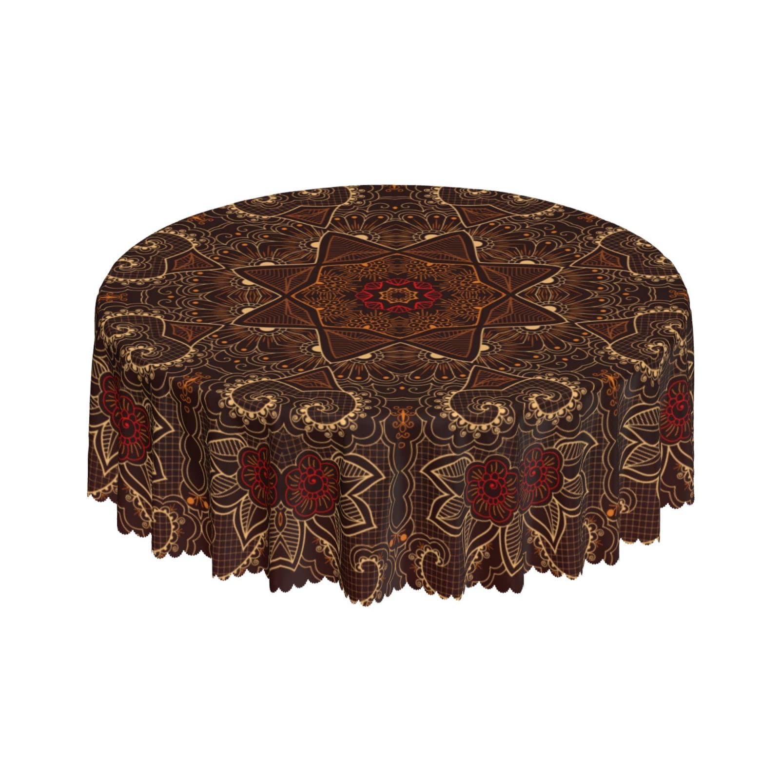 Lsjuee Ethnic Round Colored Floral Mandala Red Round Tablecloth 60 Inch Printed Washable Tablecloth for Dining Party Holiday Fall Home Decorative