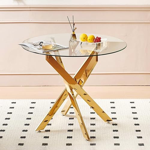 35.4" Round Glass Dining Table with Cross Metal Legs, Modern