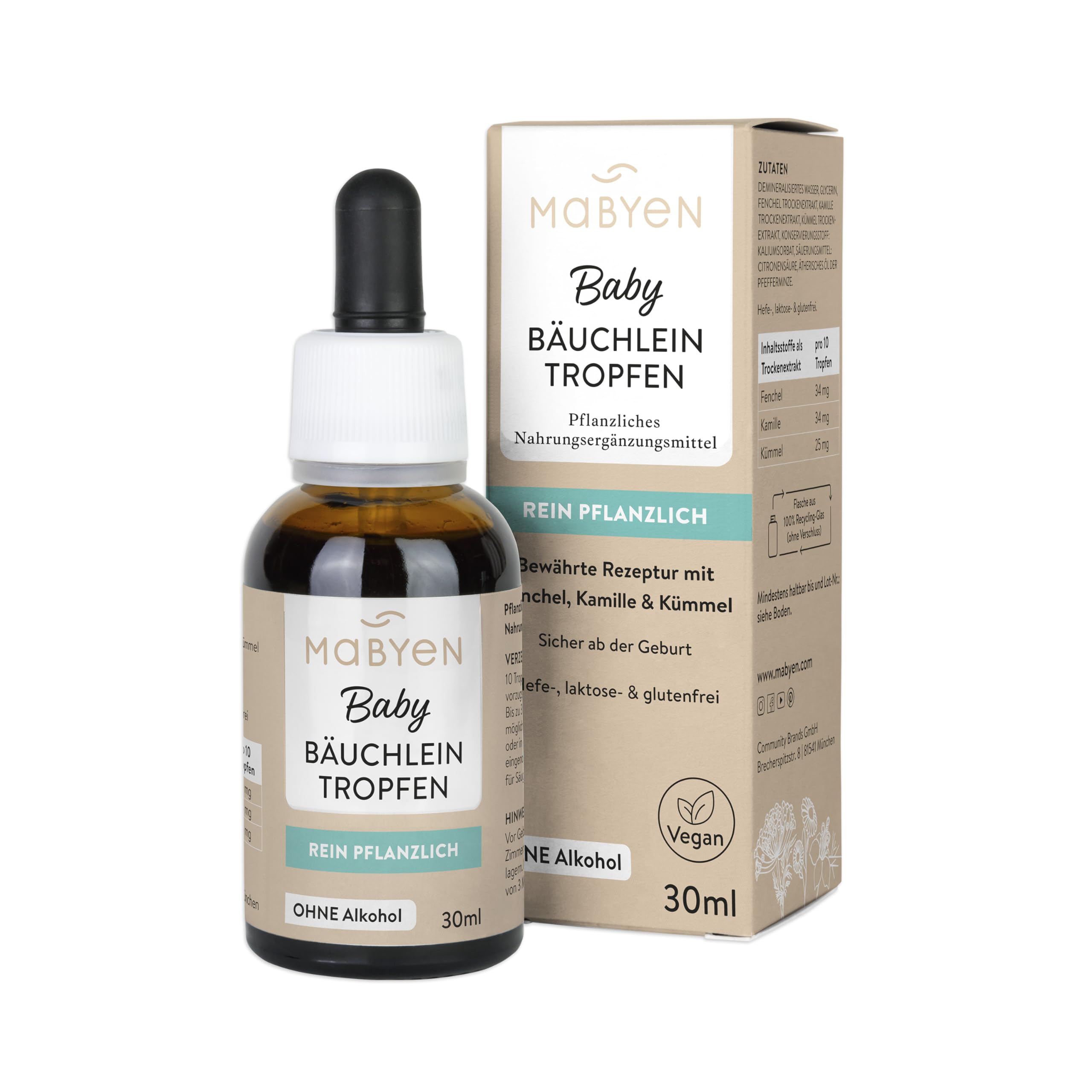 MABYEN Baby Wohlfühl Set - Naturkosmetik, zuckerfrei, ohne Alkohol, vegan, Geschenkset - 3 Produkte + Stoffbeutel - Zahnungsgel, Bäuchleintropfen und Träumchentropfen