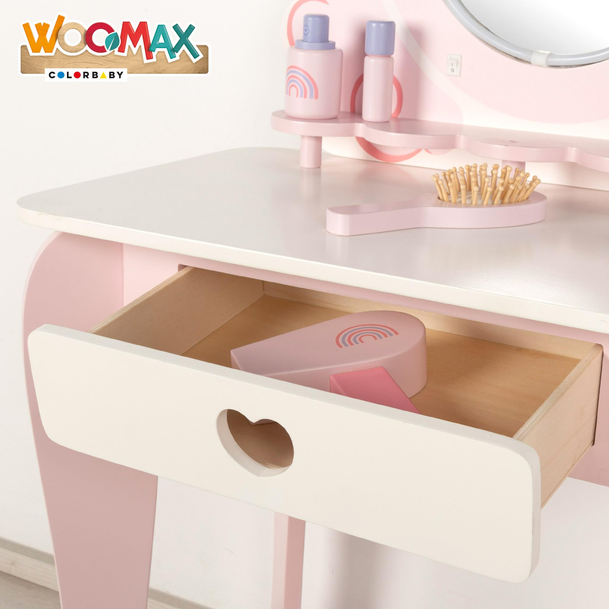 WOOMAX Tavolo da toeletta Bambina Sgabello in Legno Specchio con Luce 48x32x92cm Colori Pastello Inclusi Accessori Toletta Bambini Accessori Interattivi, Giocattoli per Bambini di 3 anni