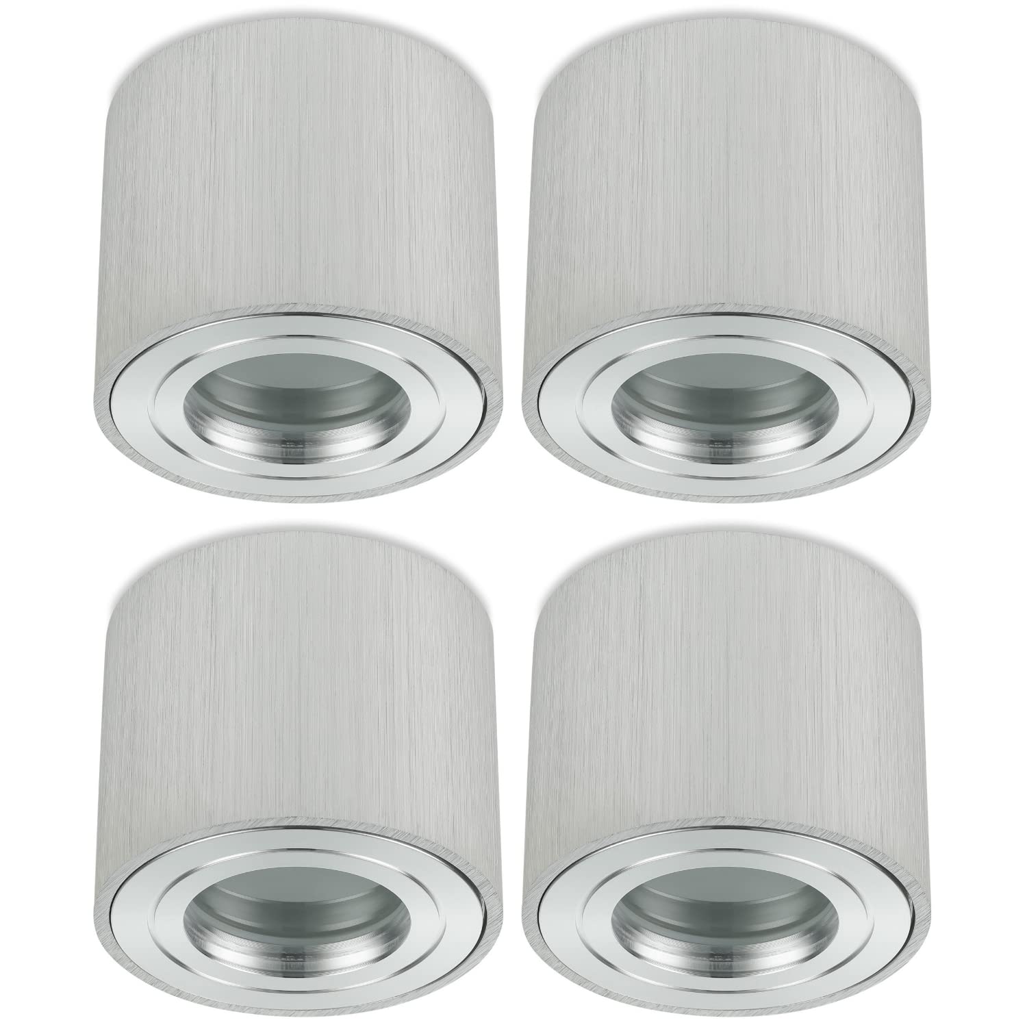 Sweet Led - Aufbauspots IP44 Bad flach, Alu-gebürstet Deckenspots Ø80mm 65mm, Deckenstrahler silber-Farben Badezimmer Küche, 230V Aufbaustrahler passend LED-Modul, rund 4er Set, ohne Leuchtmittel