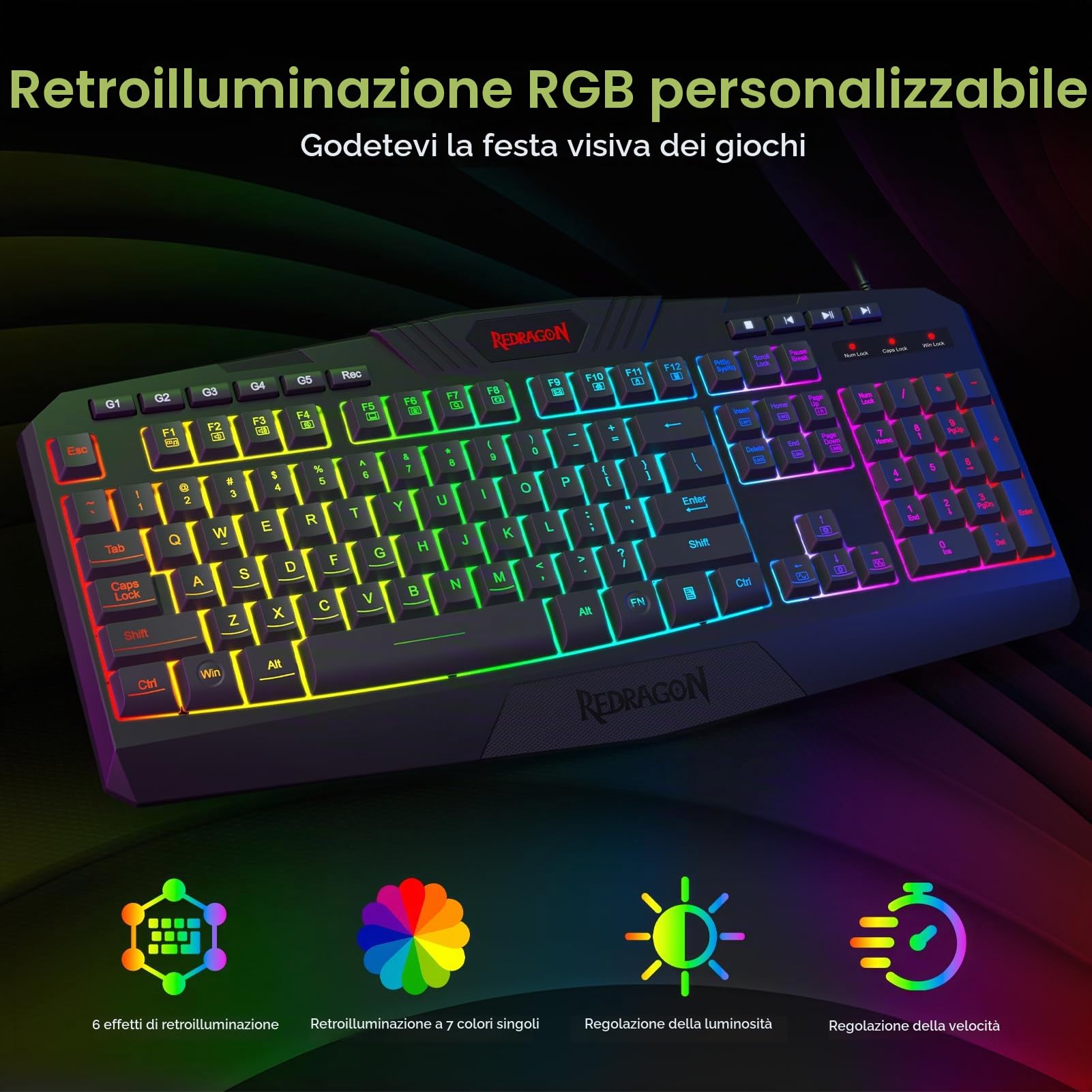 Redragon Kit S103 Gaming Combo Hawthorn Keyboard QWERTY + Mouse Pegasus + Headset + Mouspad Archelon M, 4 in 1 (Tastiera, Mouse, Cuffia, Mouse Pad)